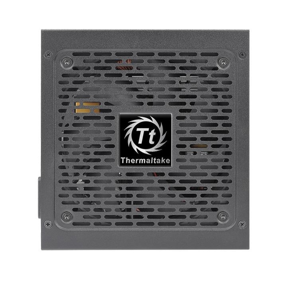 Szary zasilacz Thermaltake z perforowanym przodem. Logo jest wyśrodkowane. Śruby widoczne na rogach.