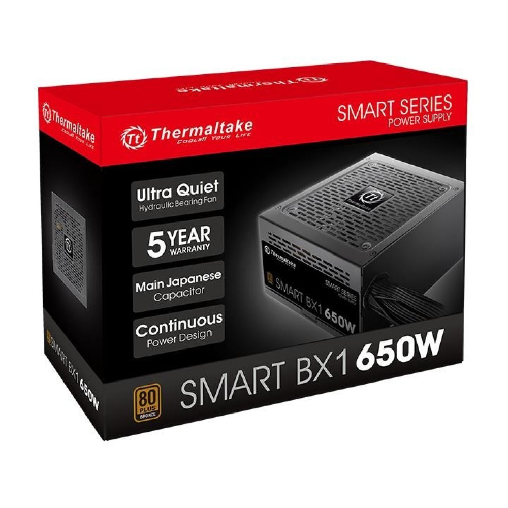 Pudełko z zasilaczem komputerowym z tekstem: Thermaltake, Smart BX1 650W i funkcjami takimi jak cichy wentylator i 5-letnia gwarancja.