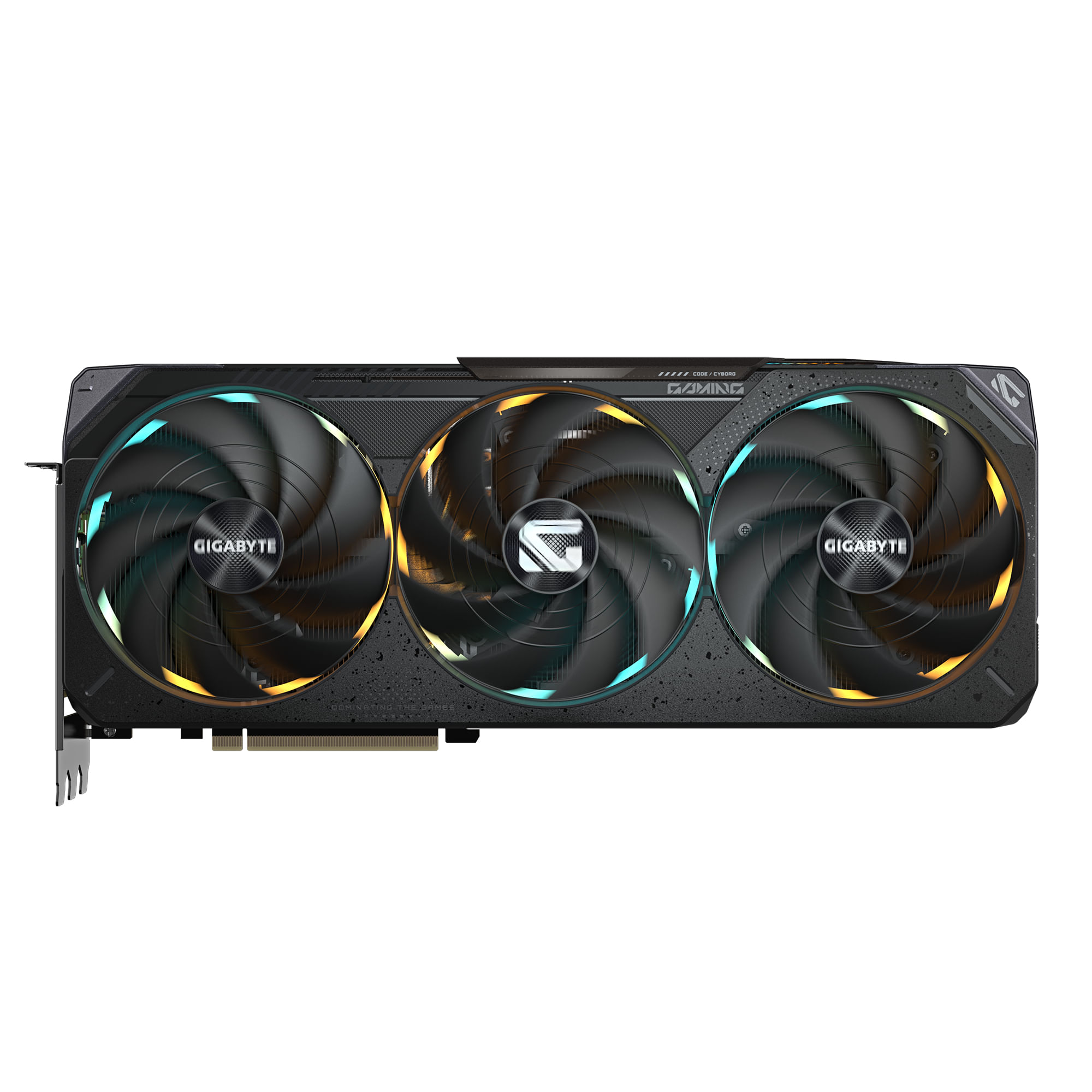 Una scheda grafica Gigabyte nera con tre ventole. Ogni ventola ha un logo Gigabyte. La scheda ha una staffa metallica.