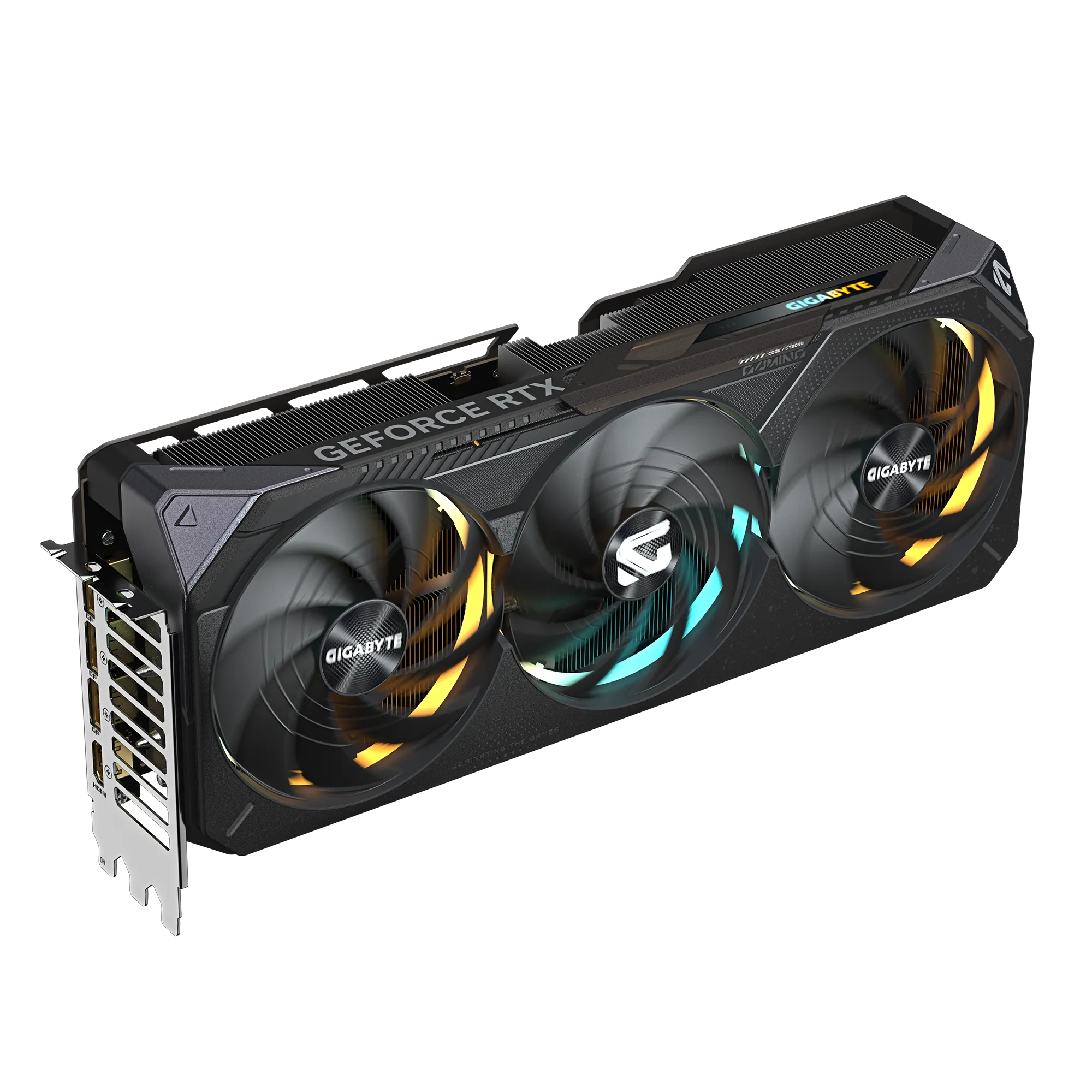 Una scheda grafica Gigabyte GeForce RTX 4080. Ha tre ventole con illuminazione arancione e blu e il logo Gigabyte.