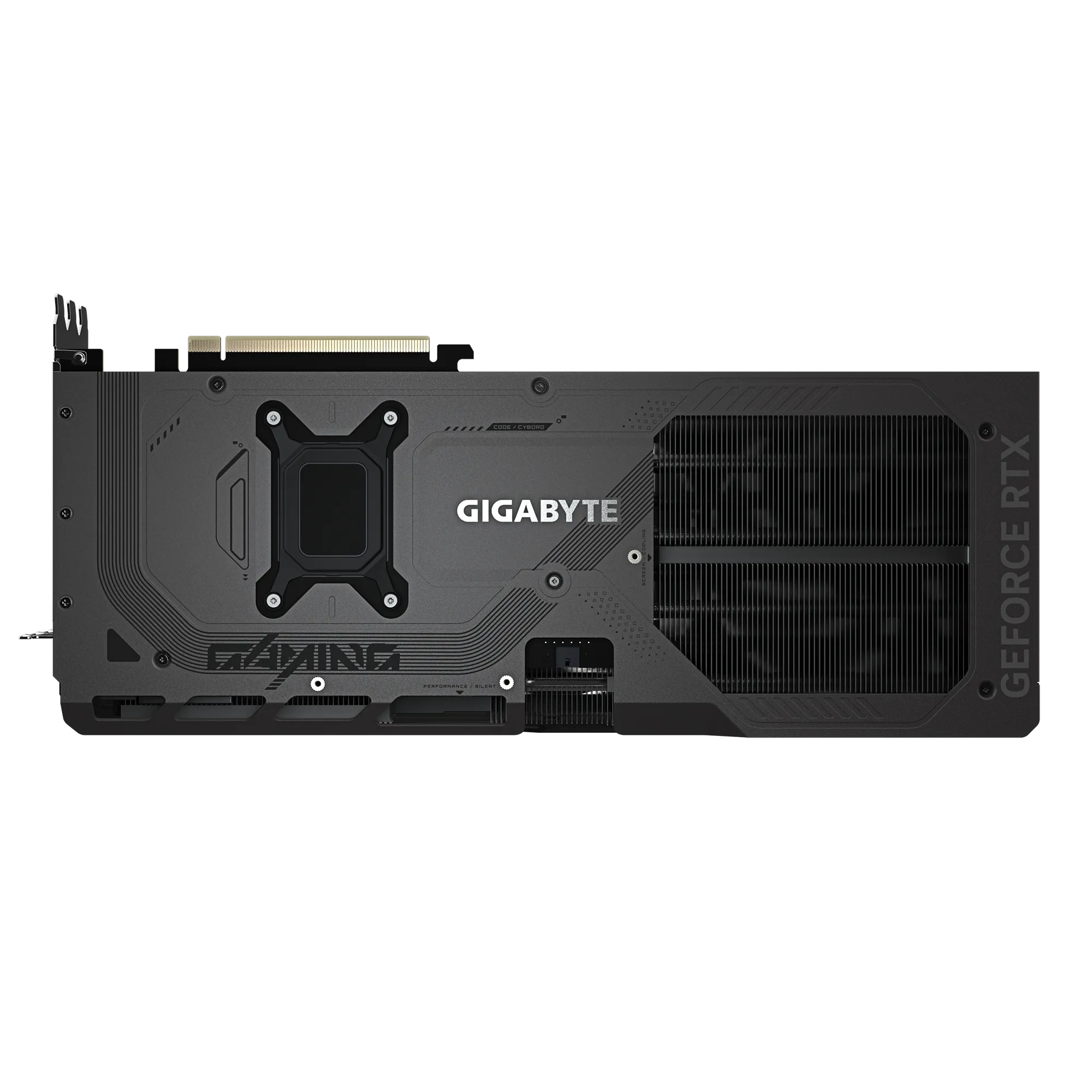 Un primo piano di una scheda grafica Gigabyte GeForce RTX. Ha un design nero con il nome del marchio e la parola GAMING.