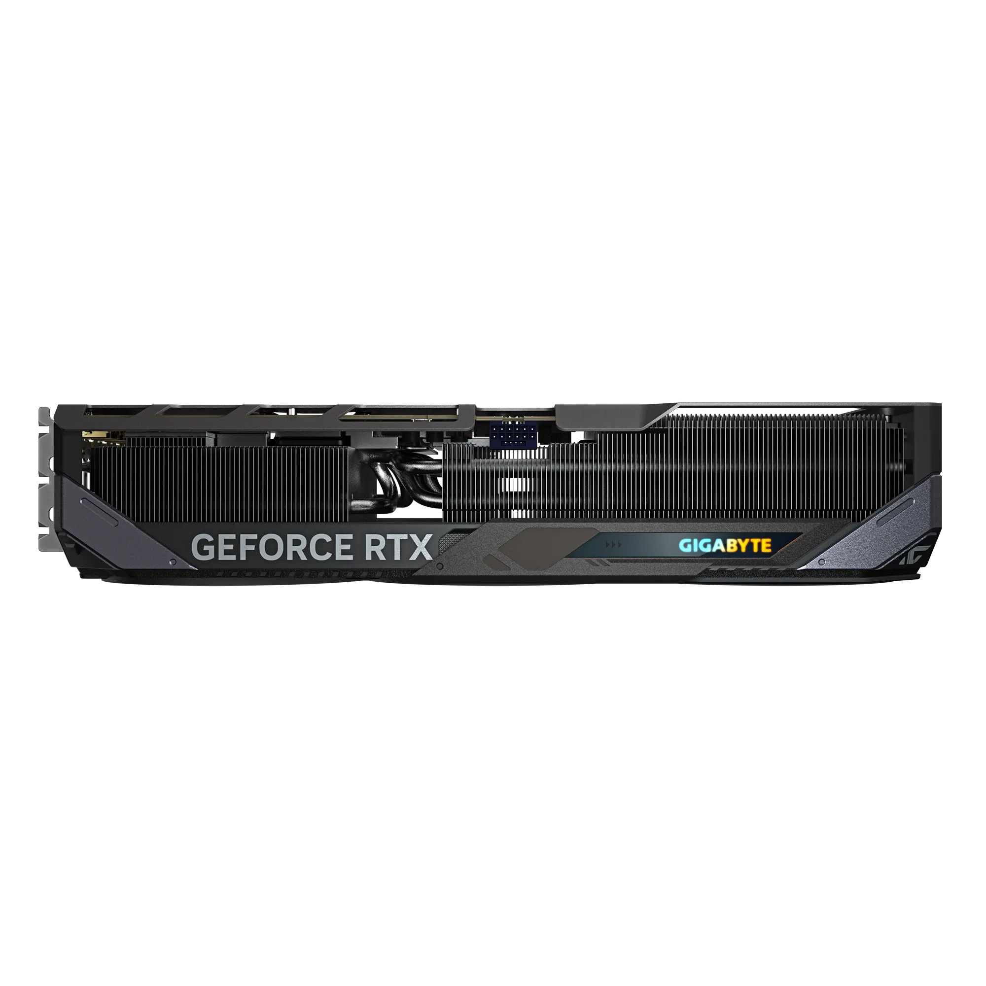 Una scheda grafica Gigabyte GeForce RTX nera e grigia su sfondo bianco. La scheda ha un logo GEFORCE RTX.