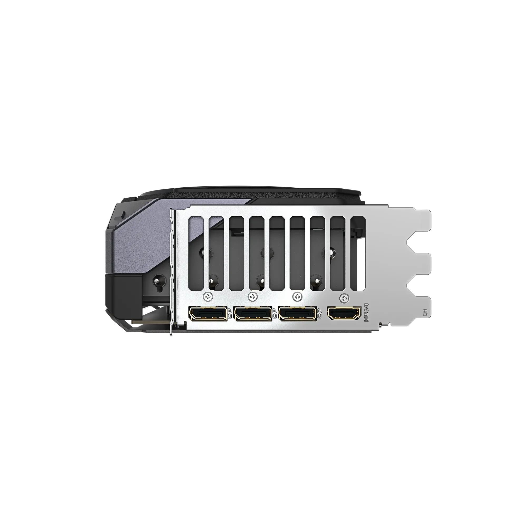 Primo piano delle porte di una scheda grafica. Ha più porte di visualizzazione e porte HDMI. La scheda è argento e nera.