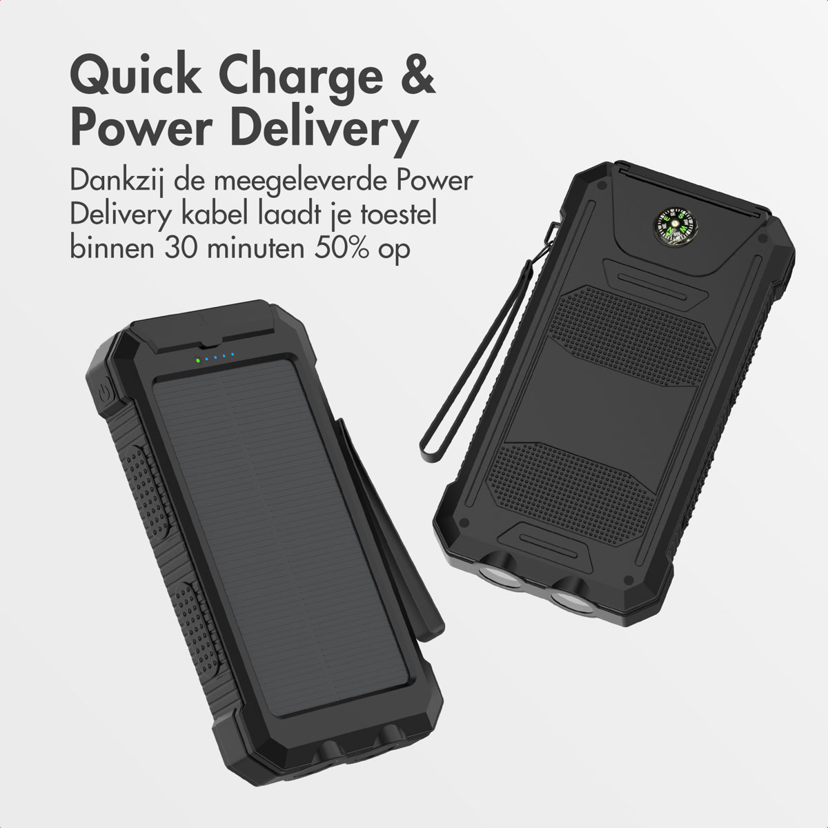 Das Bild zeigt zwei schwarze tragbare Ladegeräte. Eines hat ein Solarpanel. Der Text lautet 'Quick Charge & Power Delivery'.