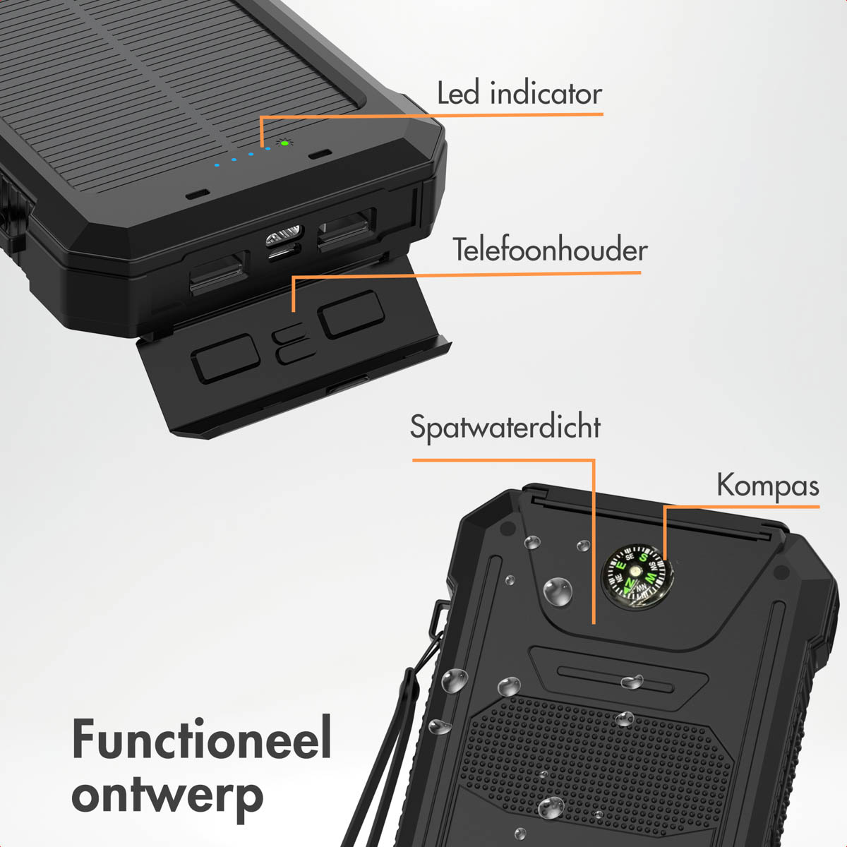 Schwarze Powerbank mit Kompass, LED-Anzeige und Telefonhalter, beschriftet mit 'Functioneel ontwerp' und 'Spatwaterdicht'.
