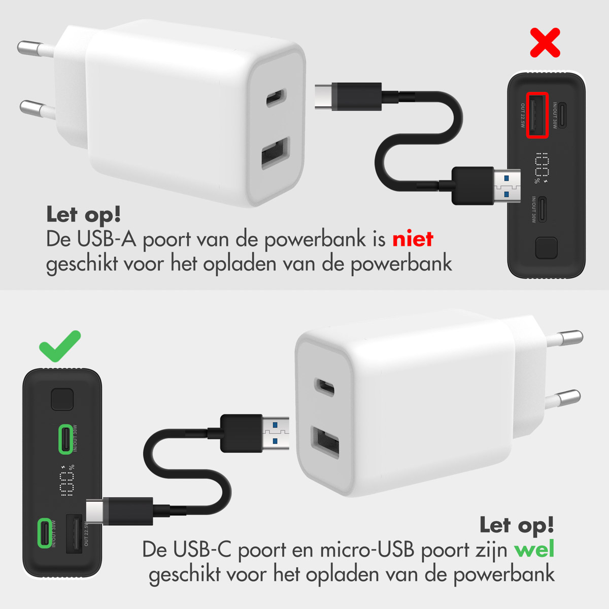 Boven: USB-A poort powerbank laadt niet. Beneden: USB-C & Micro-USB poorten laden.