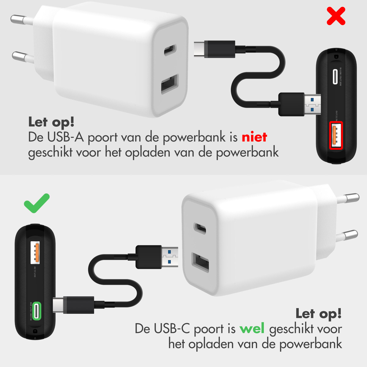 L'image montre les méthodes de chargement USB correctes et incorrectes. Une banque d'alimentation et un chargeur avec un X rouge et une coche verte.