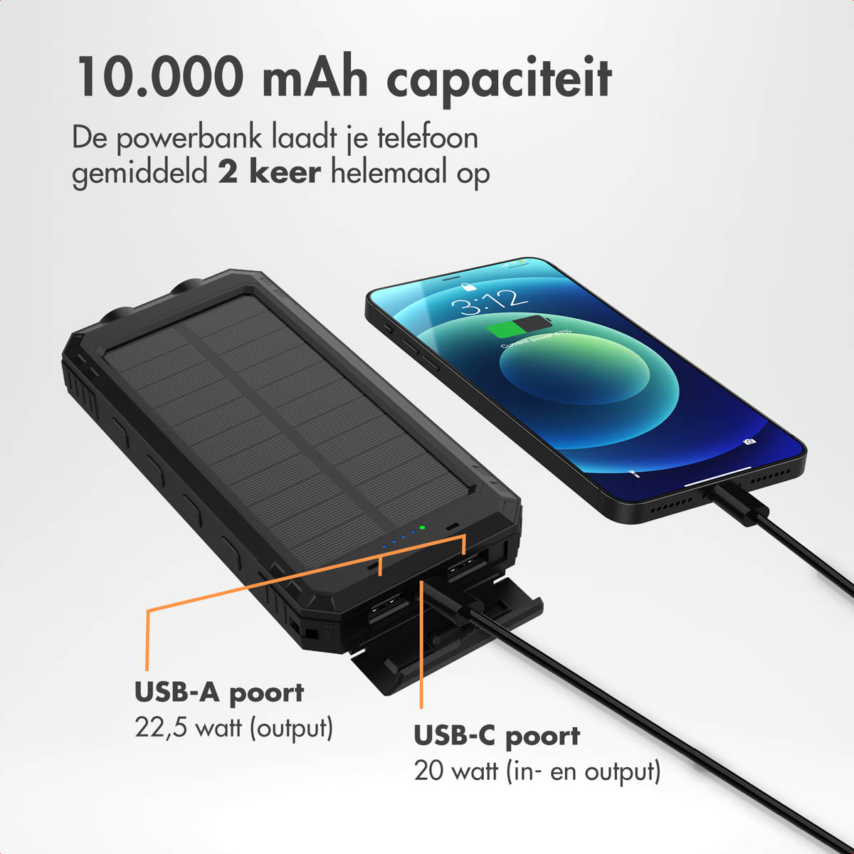 Das Bild zeigt eine schwarze Powerbank, die ein Telefon auflädt. Text weist auf 10.000 mAh Kapazität und USB-Anschlüsse hin.