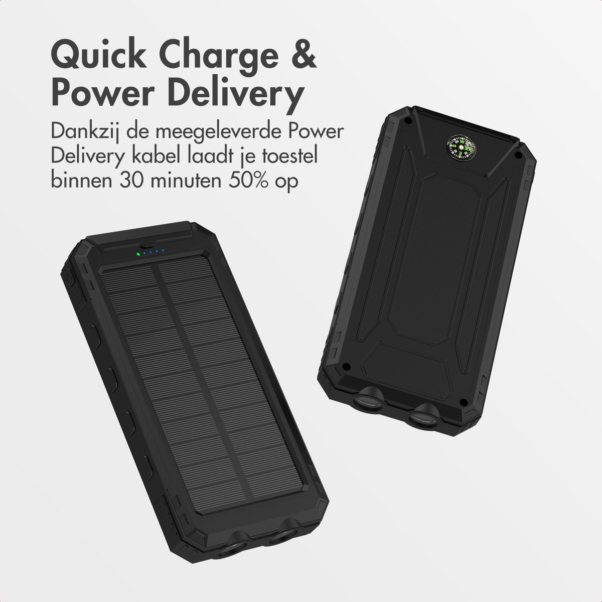 Zwei schwarze Powerbanks werden angezeigt. Eine hat Solarpanels, die andere einen Kompass. Text lautet 'Quick Charge & Power Delivery'.