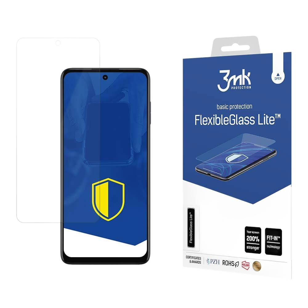 Un proteggi schermo per telefono con telefono e scatola. La scatola ha il marchio e il testo 'FlexibleGlass Lite'.