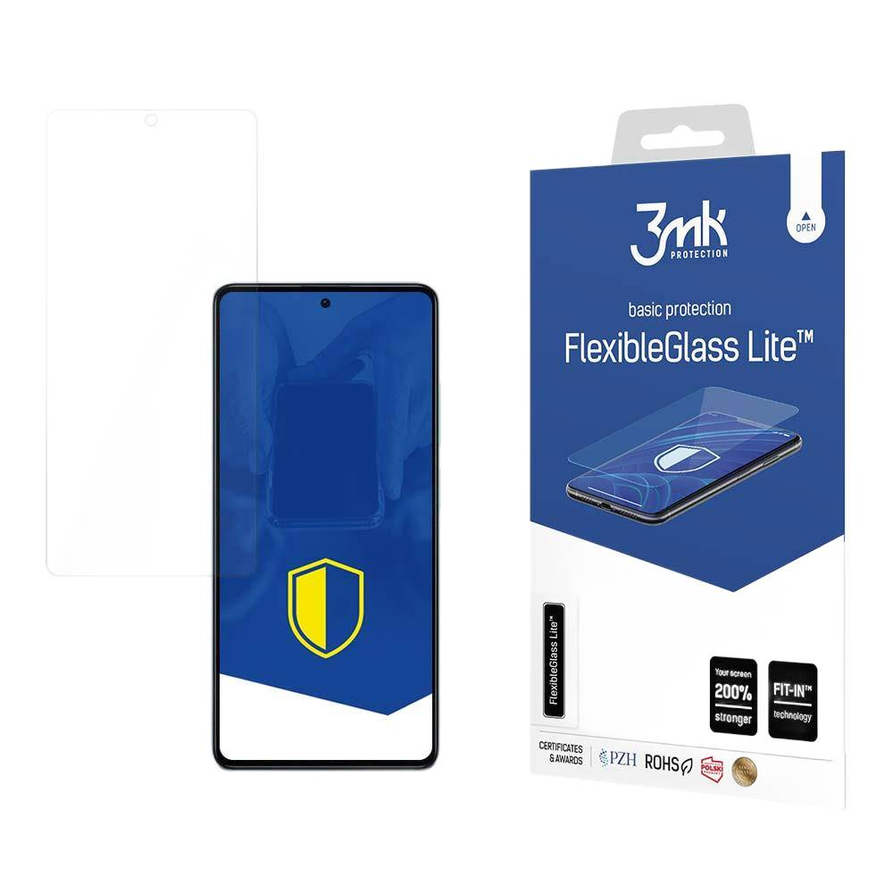 Una scatola di protezione dello schermo del telefono e un telefono. La scatola ha il marchio 3mk e il testo FlexibleGlass Lite.