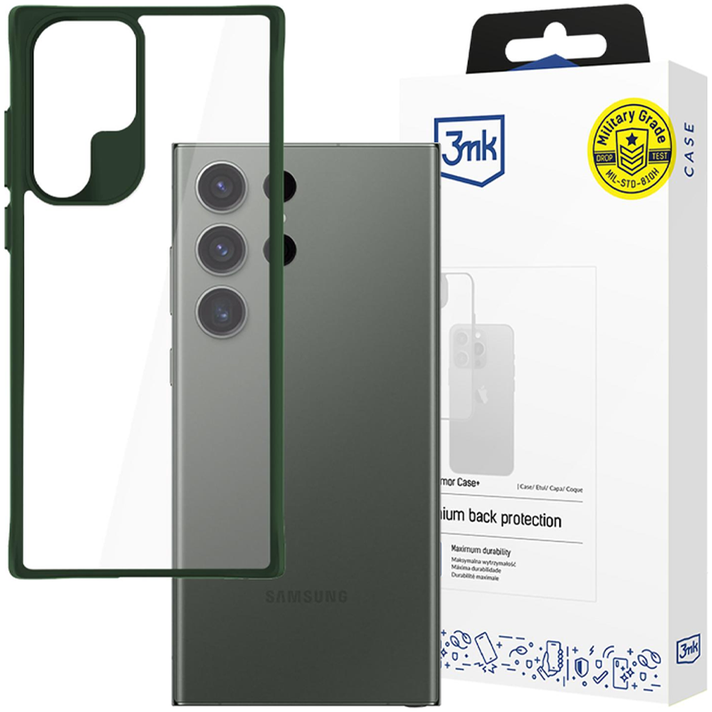Una custodia per telefono e un telefono sono in mostra. Il telefono è di colore verde scuro. Anche la custodia è verde e trasparente.