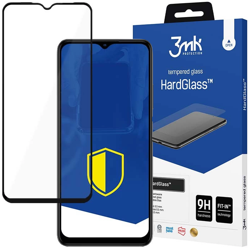 Un proteggi schermo e un telefono sono mostrati con una scatola blu. Il proteggi schermo è nero, la scatola mostra 'HardGlass'.