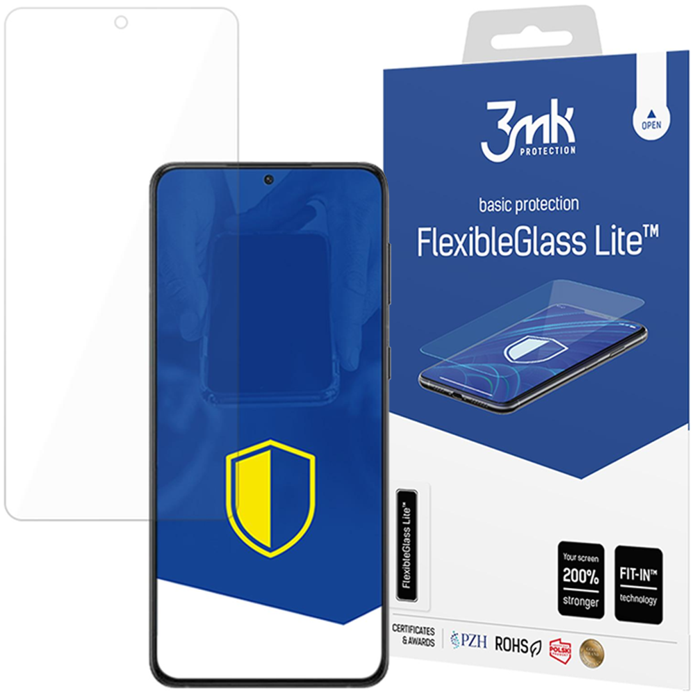 Telefon i ochraniacz ekranu są wyświetlane z marką. Opakowanie przedstawia zdjęcie telefonu z nałożonym ochraniaczem ekranu.