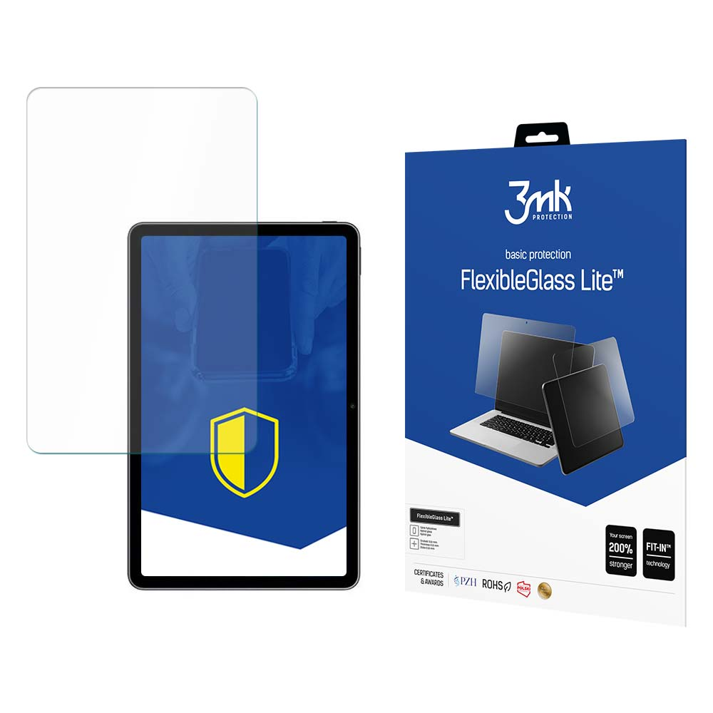 Un tablet con protezione schermo, una scatola con il marchio '3mk' e le parole 'FlexibleGlass Lite'.