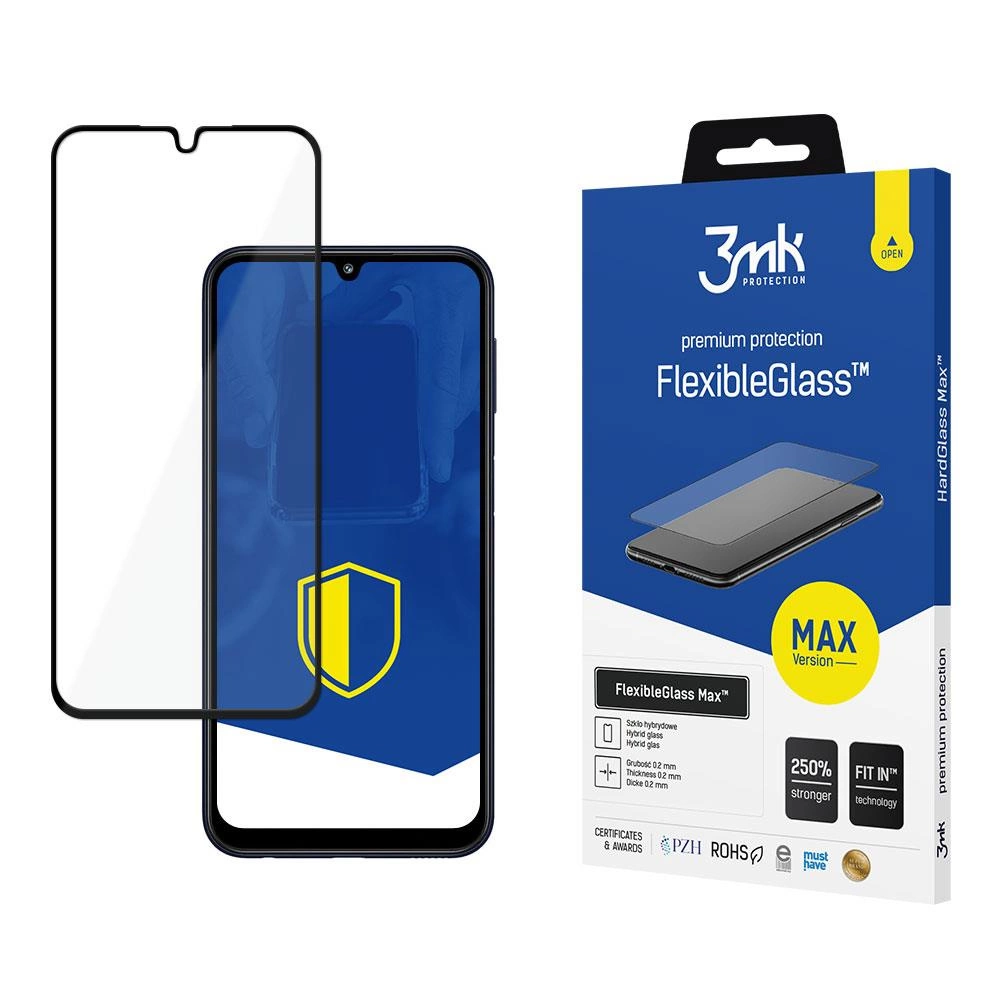 Un telefono e una scatola di protezione dello schermo sono mostrati. La scatola dice FlexibleGlass Max. Il telefono ha un logo giallo.