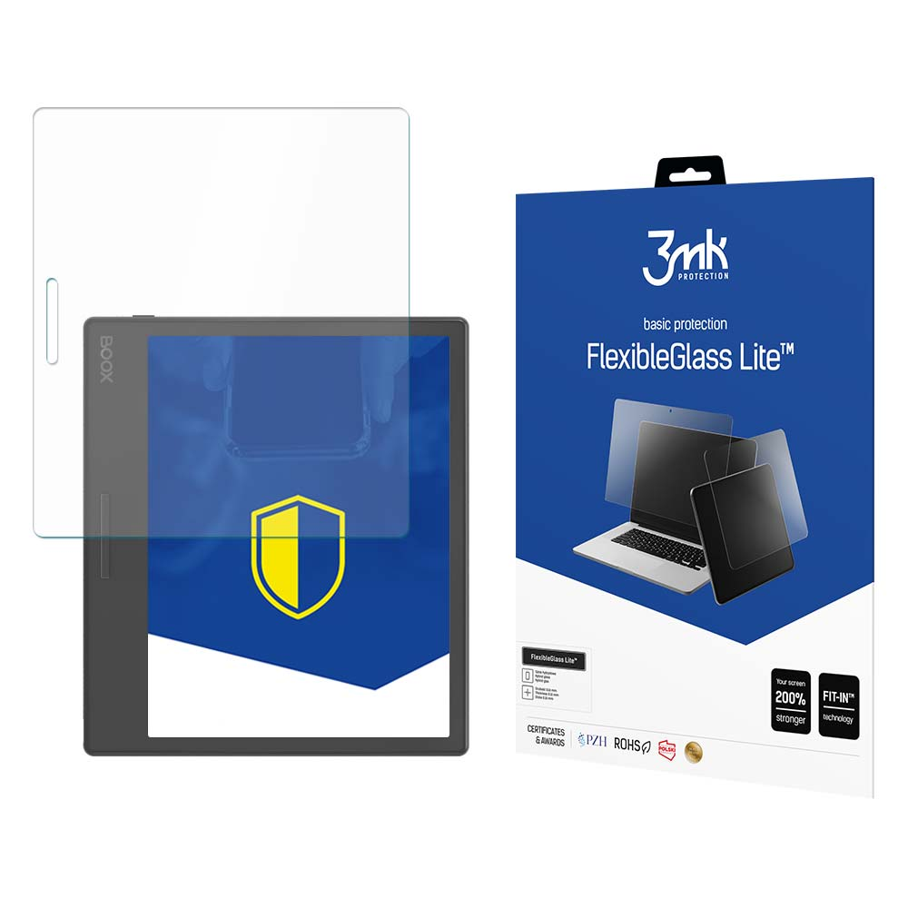 Un e-reader con protezione schermo, una scatola di FlexibleGlass Lite e uno scudo giallo.