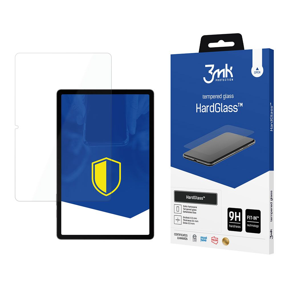 Un protector de pantalla y una caja. La caja es azul con texto blanco, y el protector es transparente.