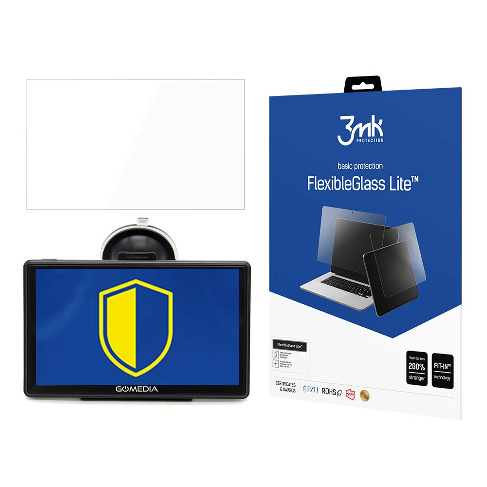 Sono in mostra una protezione per lo schermo, uno schermo GPS e confezioni di prodotti. La confezione riporta il marchio 3mk e FlexibleGlass Lite.