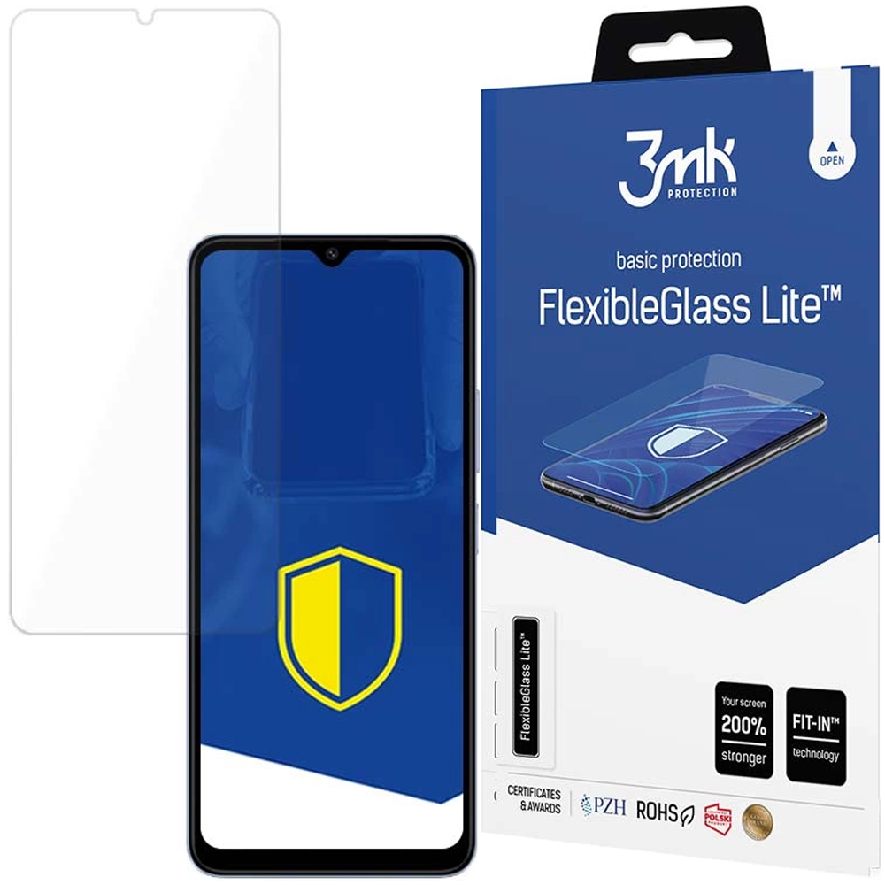 Un telefono con protezione schermo e confezione. Sulla confezione c'è scritto FlexibleGlass Lite. Un logo a scudo è sullo schermo.