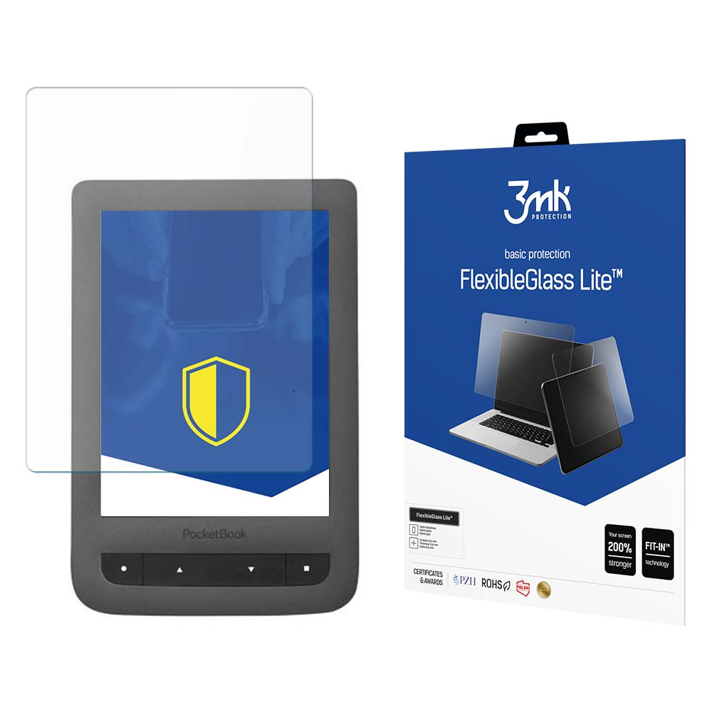 Un e-reader con protezione schermo accanto a una scatola con scritto 'FlexibleGlass Lite'. L'e-reader ha un'icona a scudo giallo.