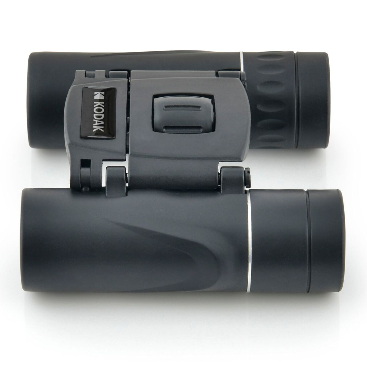 Binocolo Kodak nero su una superficie bianca. Il binocolo è piegato, con una cerniera centrale e dettagli argentati.