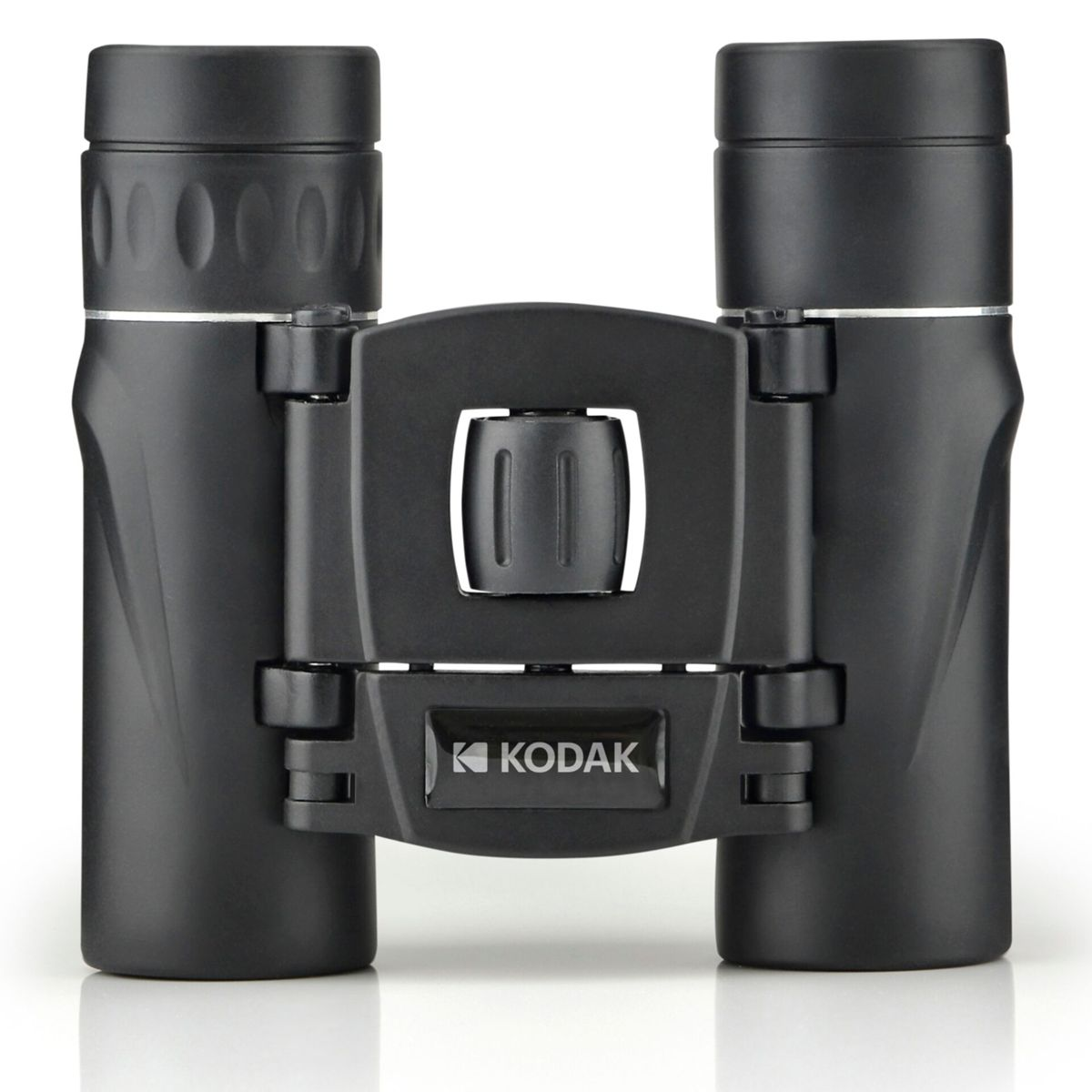 Binocolo Kodak nero su una superficie bianca. Il binocolo ha due lenti e un meccanismo di messa a fuoco centrale con il logo Kodak.