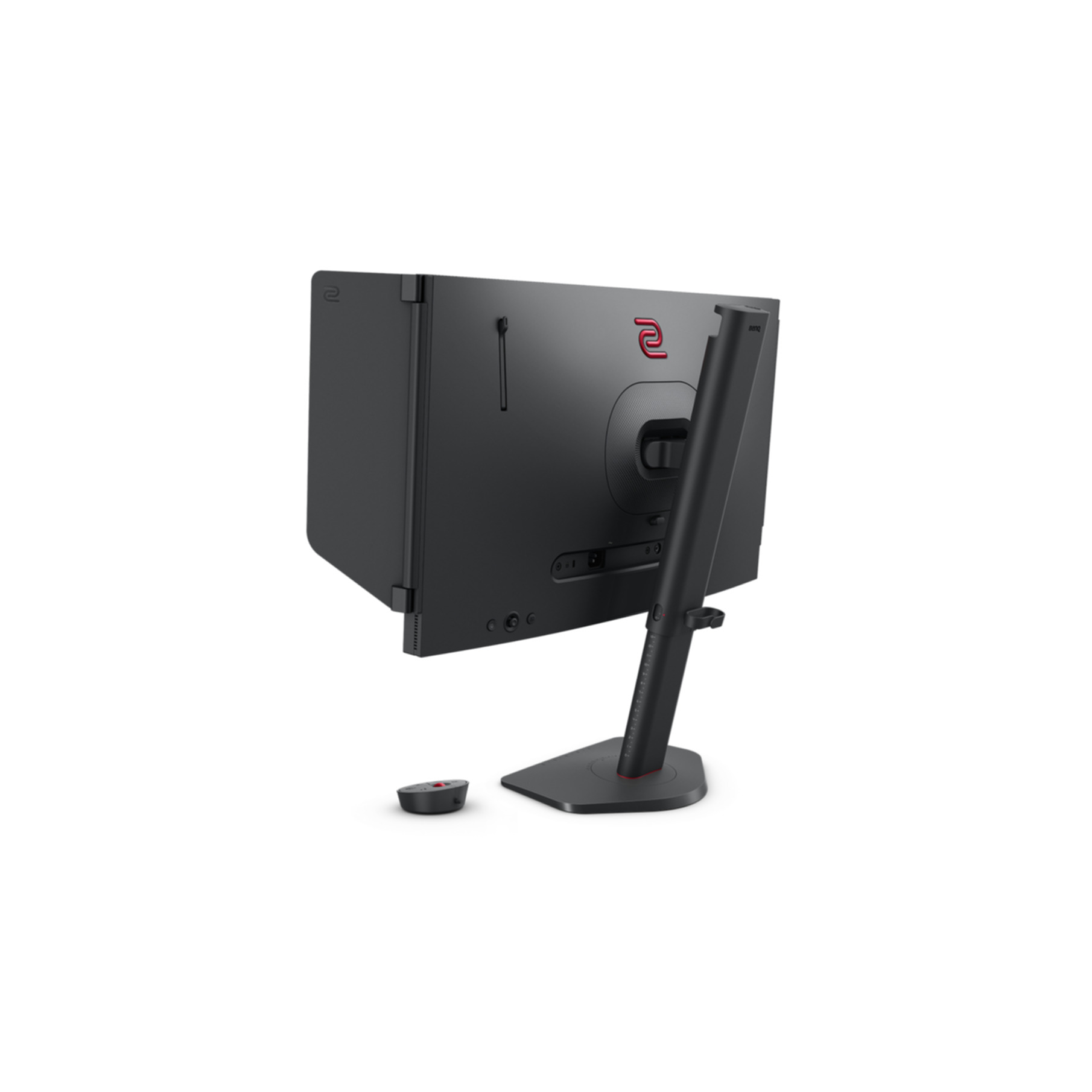 Czarny monitor z tyłu ze stojakiem i pilotem. Czerwone logo na górze i podstawie. Białe tło.