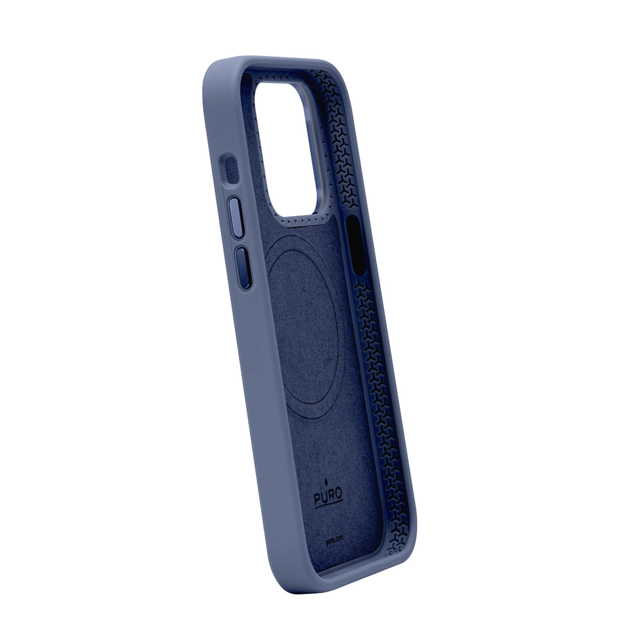 Una custodia blu per telefono è mostrata su sfondo bianco. L'interno è blu scuro. La custodia ha un lato testurizzato e un logo del marchio.