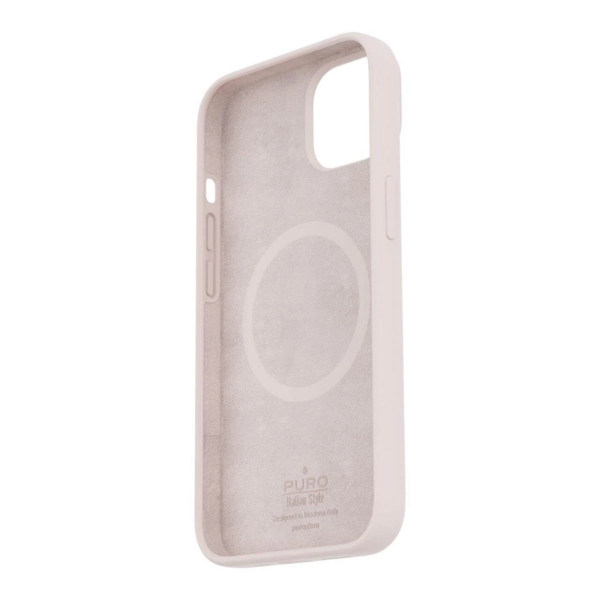 Una custodia per telefono rosa chiaro con un design circolare sul retro. Ha una consistenza liscia e il logo del marchio è visibile.