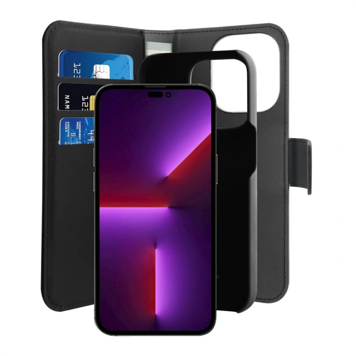 Un telefono nero con schermo viola è in una custodia a portafoglio nera con carte di credito. La custodia è aperta.