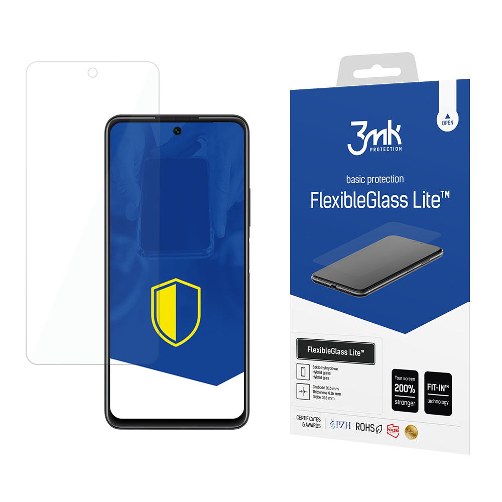 Un telefono con protezione schermo, una scatola con il nome FlexibleGlass Lite e una protezione schermo separata a sinistra.