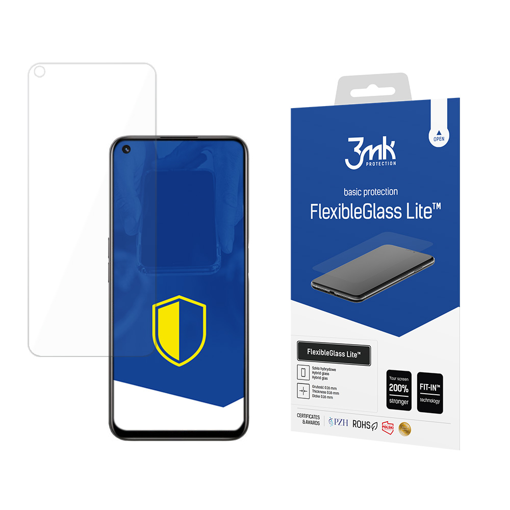 Un telefono con protezione schermo, una scatola con 'FlexibleGlass Lite' e una protezione trasparente.