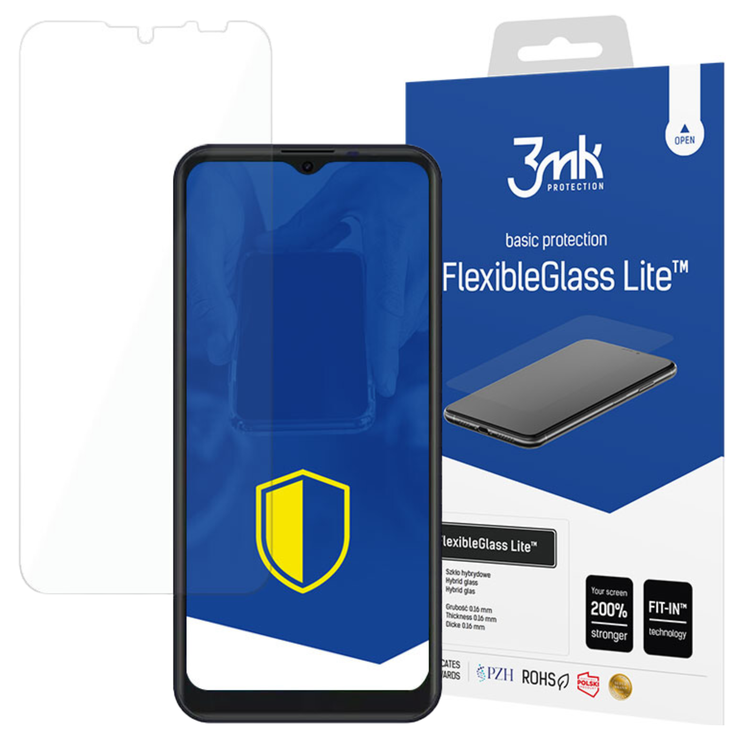Un telefono con protezione schermo e confezione. La confezione dice 'FlexibleGlass Lite' e '3mk PROTECTION'.