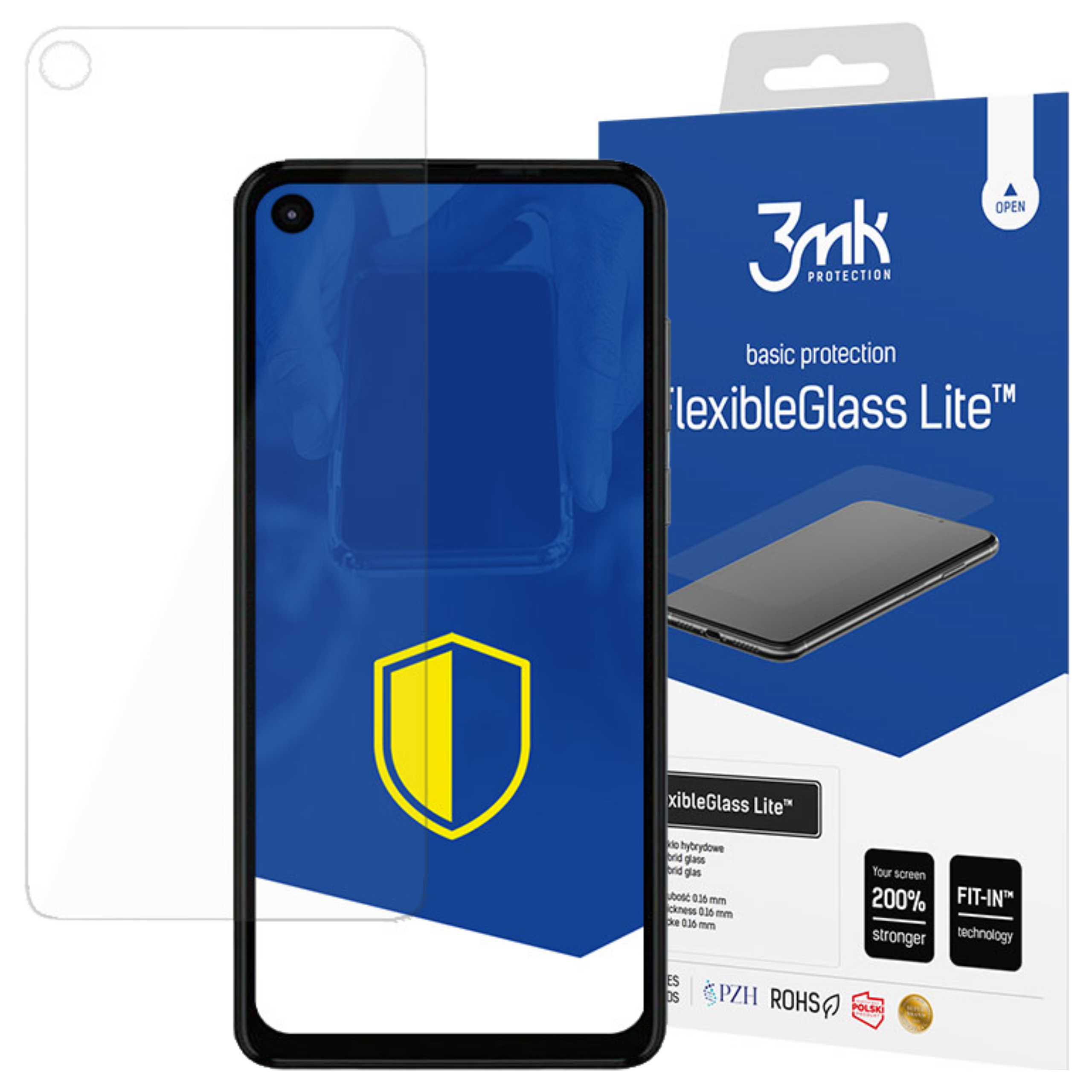 Egy telefont képernyővédő, egy telefonnal és egy termékdobozzal. A dobozon a 'FlexibleGlass Lite' szöveg látható.