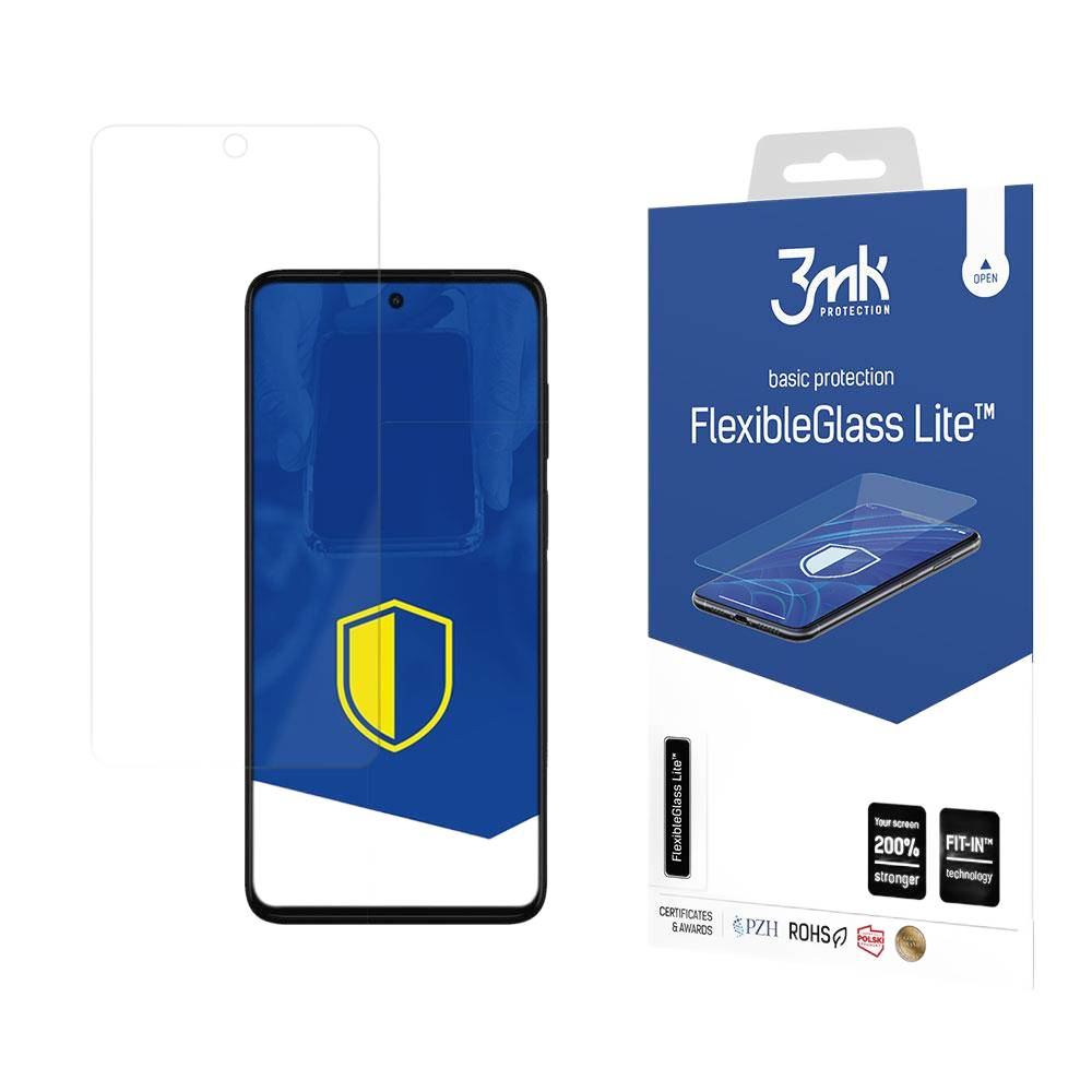 Un proteggi schermo e una scatola. La scatola ha il marchio '3mk' e il nome del prodotto 'FlexibleGlass Lite'.
