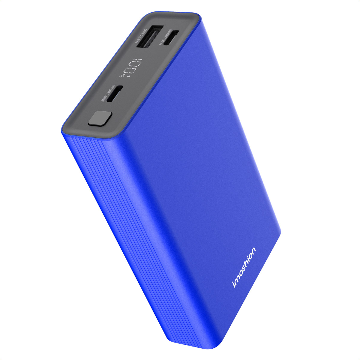 Une batterie externe Imoshion bleue, affichant 100% de charge. Elle possède des ports d'entrée et de sortie, ainsi qu'un bouton d'alimentation.