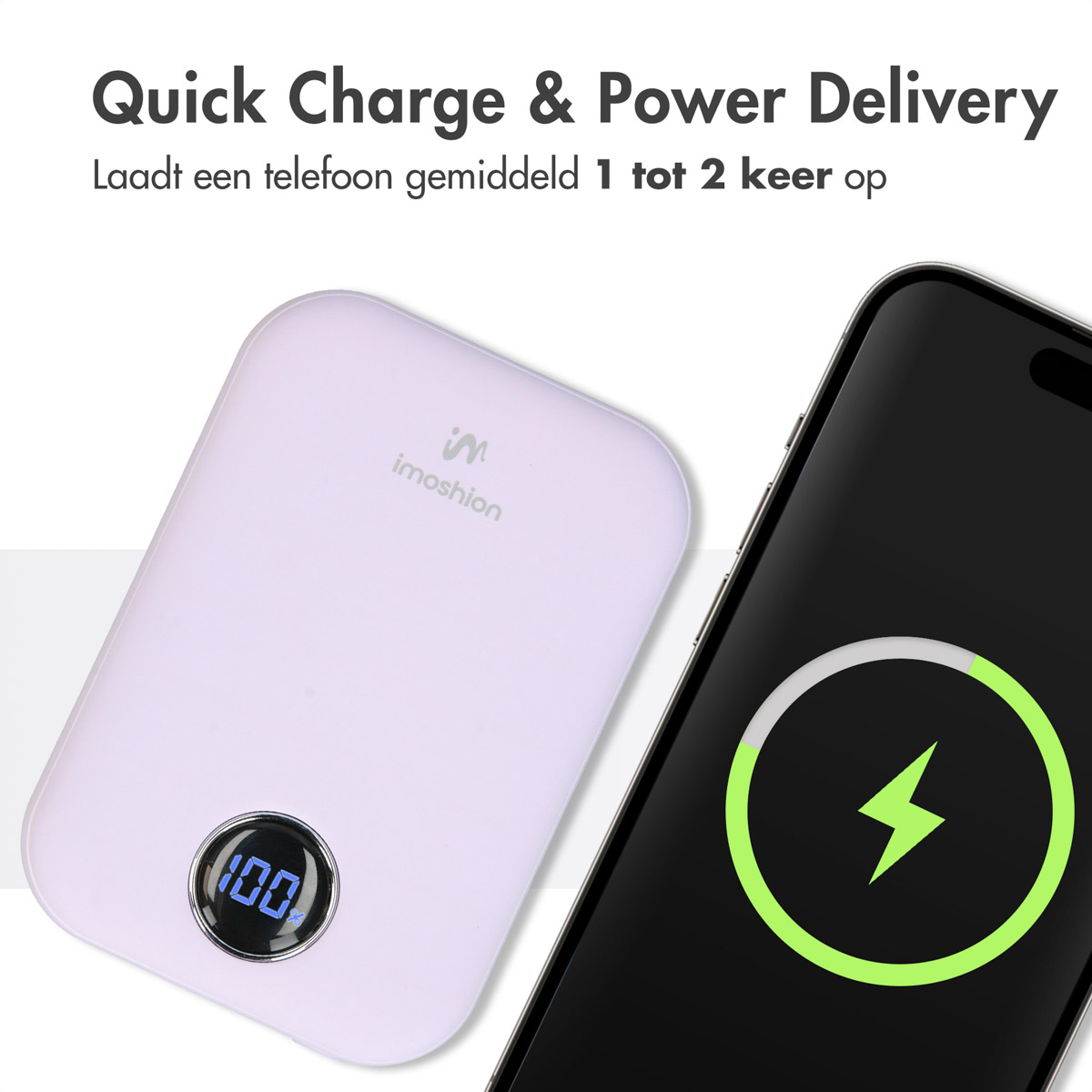 Eine weiße Powerbank und ein schwarzes Telefon, das geladen wird. Das Telefon zeigt einen grünen Blitz. Text lautet: 'Quick Charge & Power Delivery'.