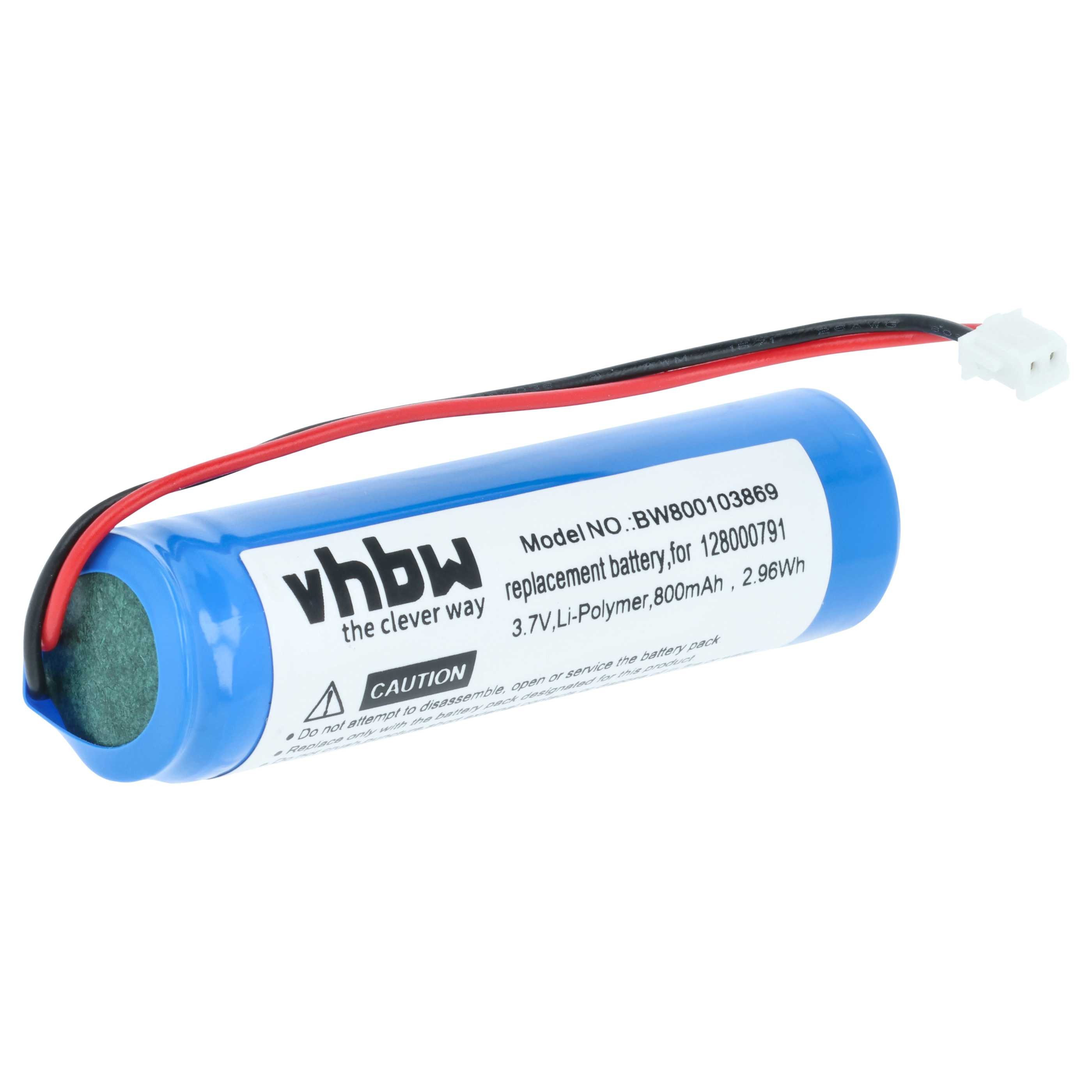 Ein blauer Akku mit schwarzen und roten Drähten und einem weißen Stecker. Text ist auf dem Akku.