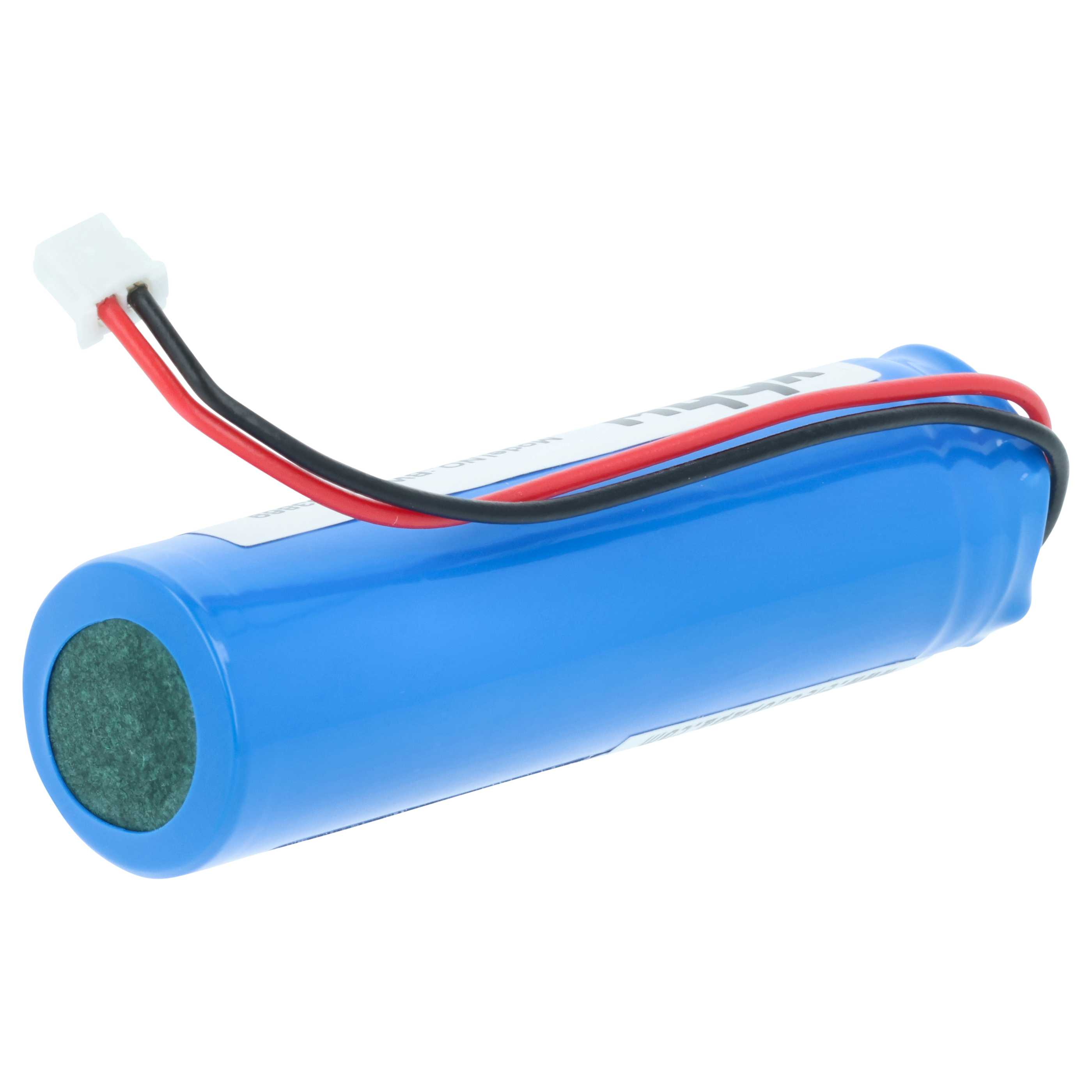 Eine blaue zylindrische Batterie mit roten und schwarzen Drähten, die an einem weißen Stecker befestigt sind. Ein grüner Kreis ist am Ende.