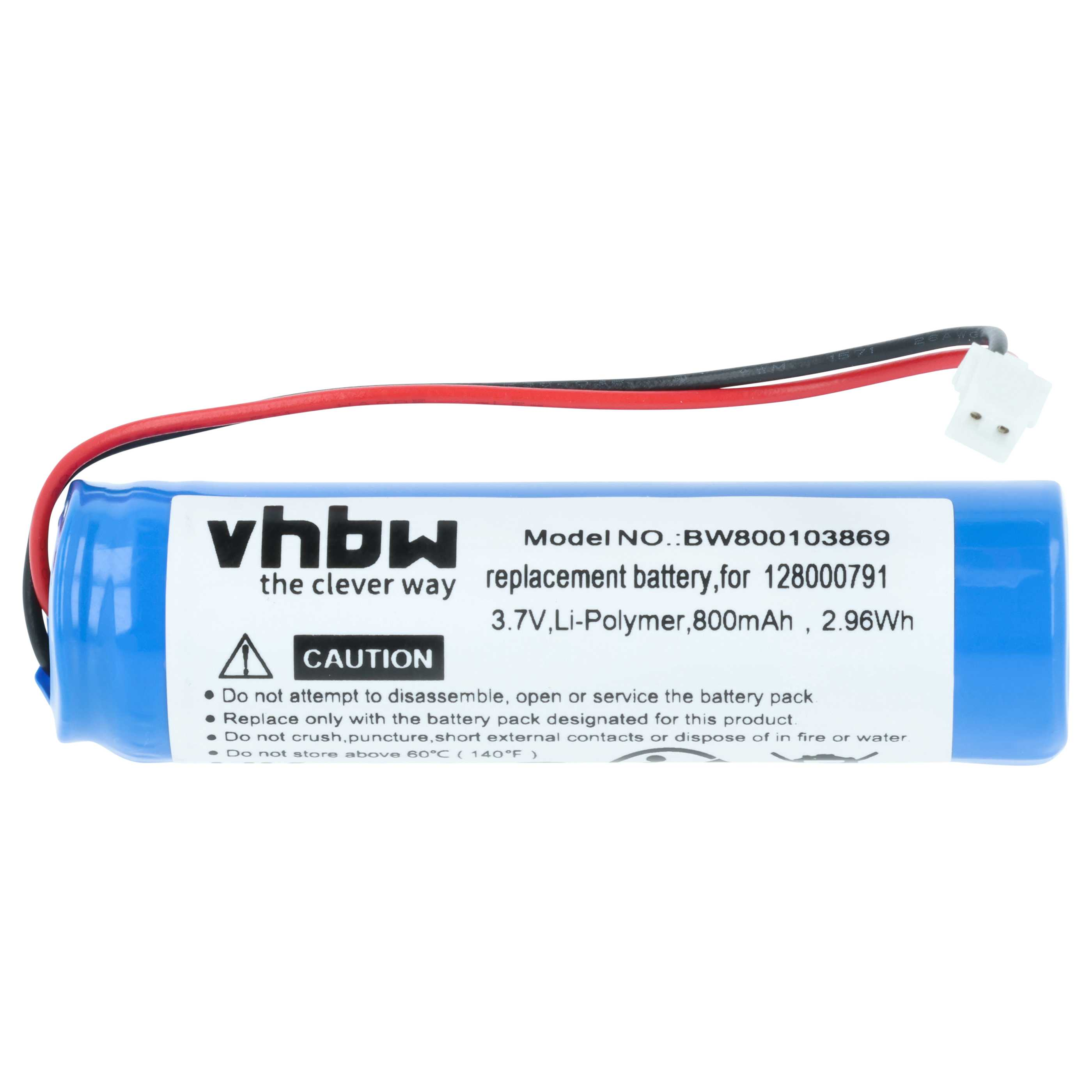 Ein blauer Akku mit schwarzen und roten Drähten und einem weißen Stecker. Es hat Text und ein Vorsichtssymbol.