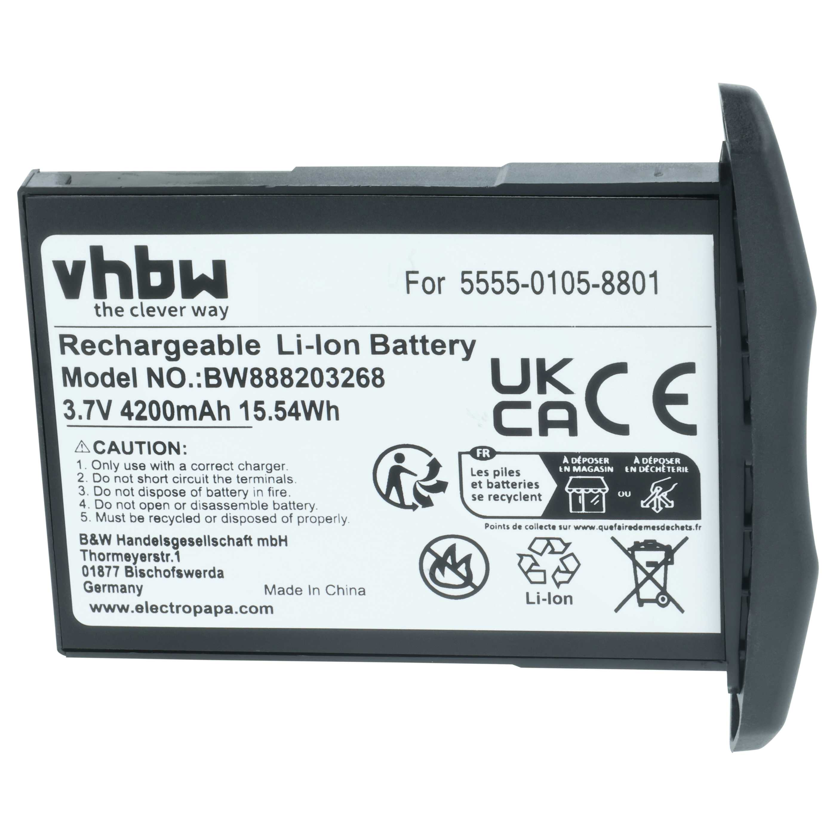 Ein wiederaufladbarer Li-Ionen-Akku mit Text: vhbw, Modellnummer und Warnhinweisen, sowie Recycling-Symbolen.