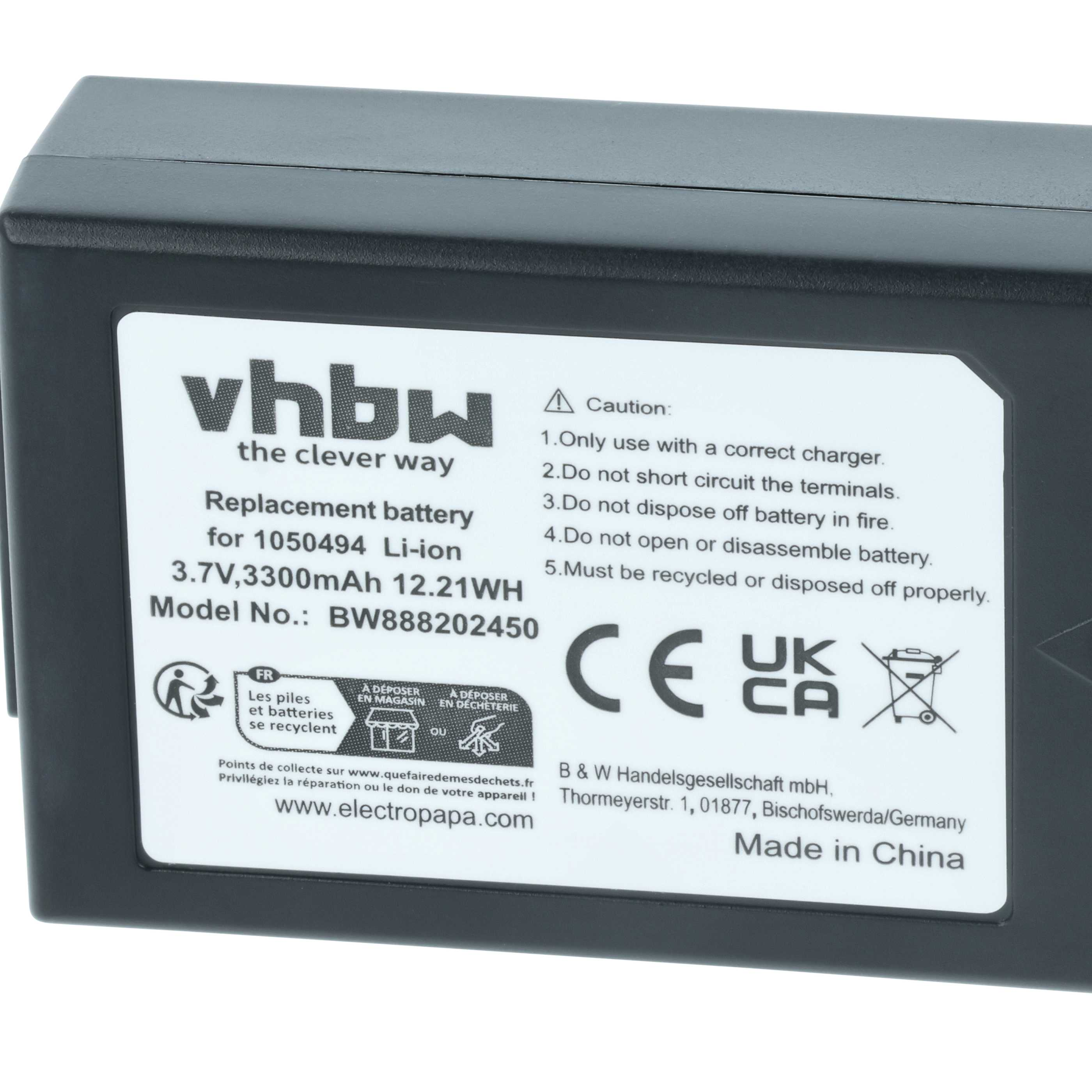 Schwarzes Akkupack mit weißem Etikett, Text enthält 'vhbw', 'Li-Ion' und Recycling-Symbole, mit 'Made in China'.