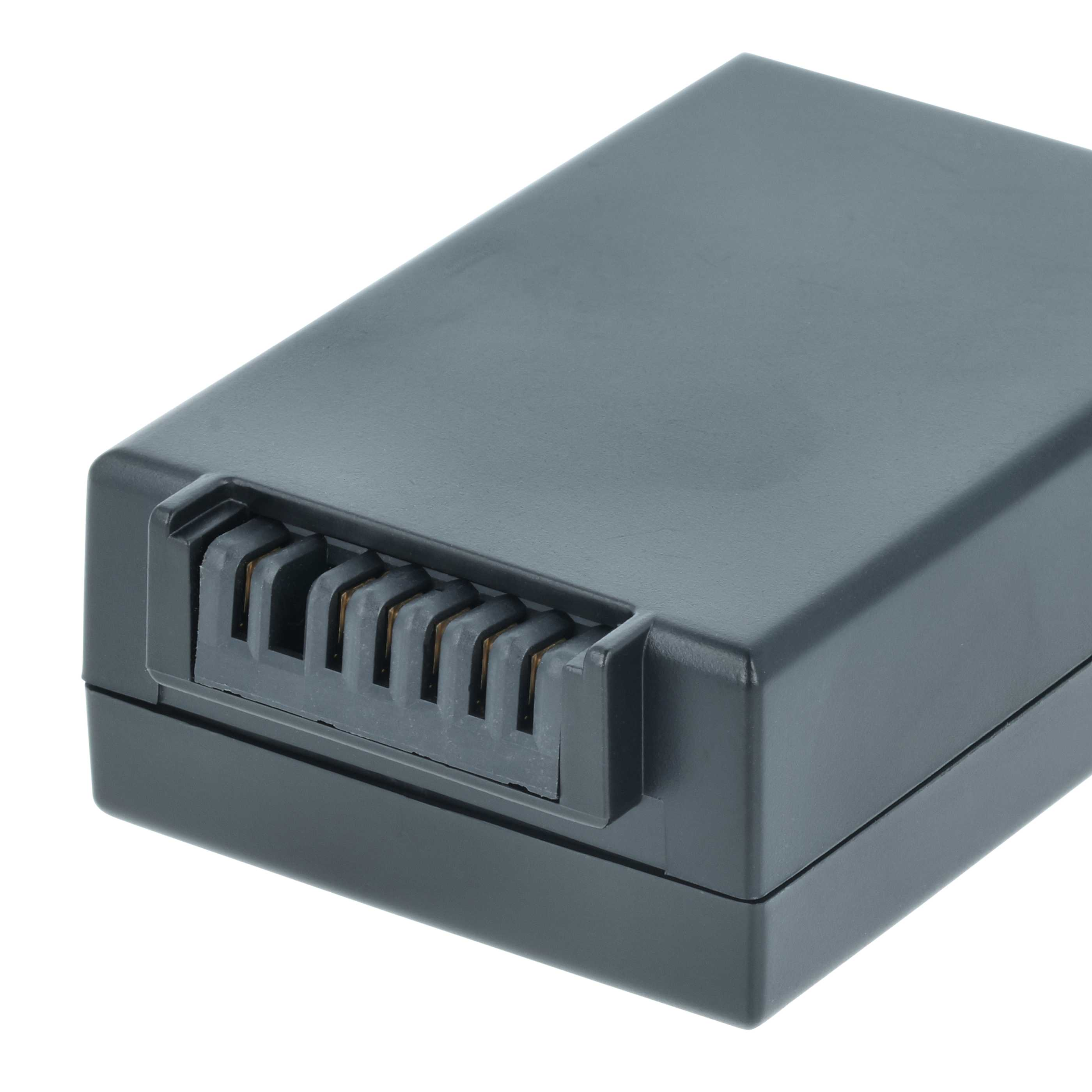 Dunkelgraues rechteckiges elektronisches Gerät, möglicherweise ein Akku, mit Anschluss, isoliert auf Weiß.