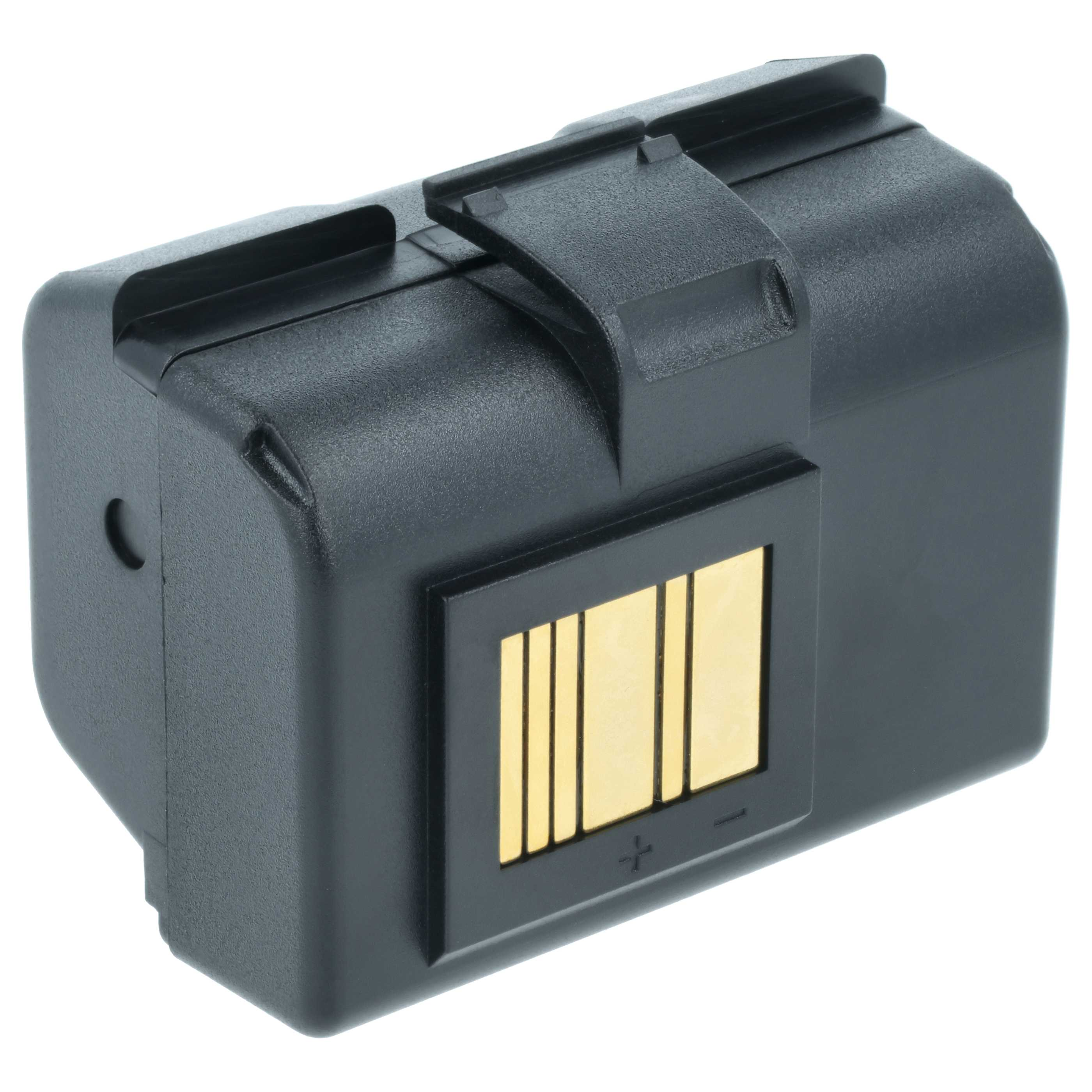 Ein schwarzes rechteckiges Gerät mit einem goldfarbenen Feld. Oben befindet sich ein Riegel. Es ist wahrscheinlich eine Batterie.