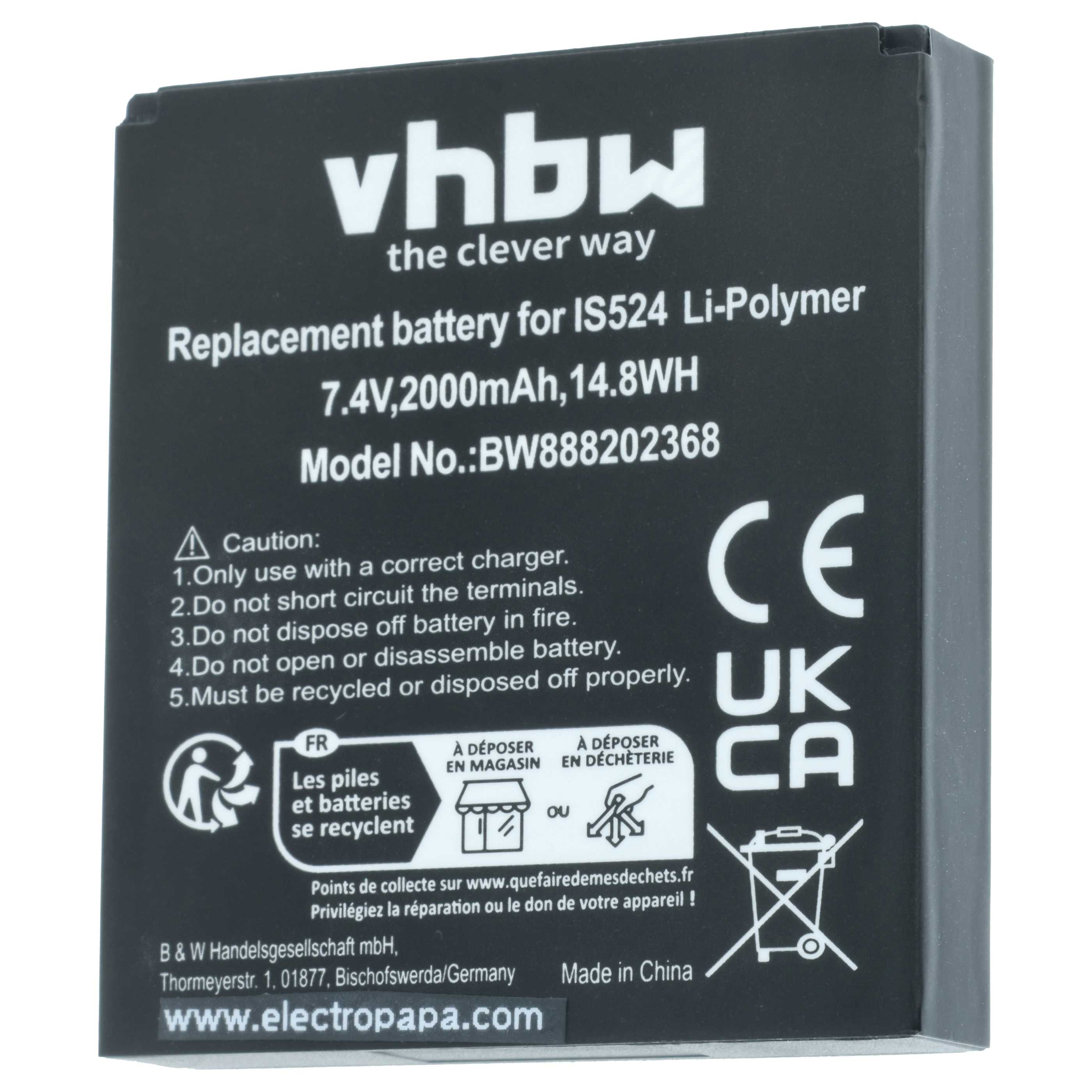 Schwarzer Akku mit weißem Text. Er hat Warnungen, CE-, UKCA-Zeichen und Recycling-Symbole. Marke: vhbw.