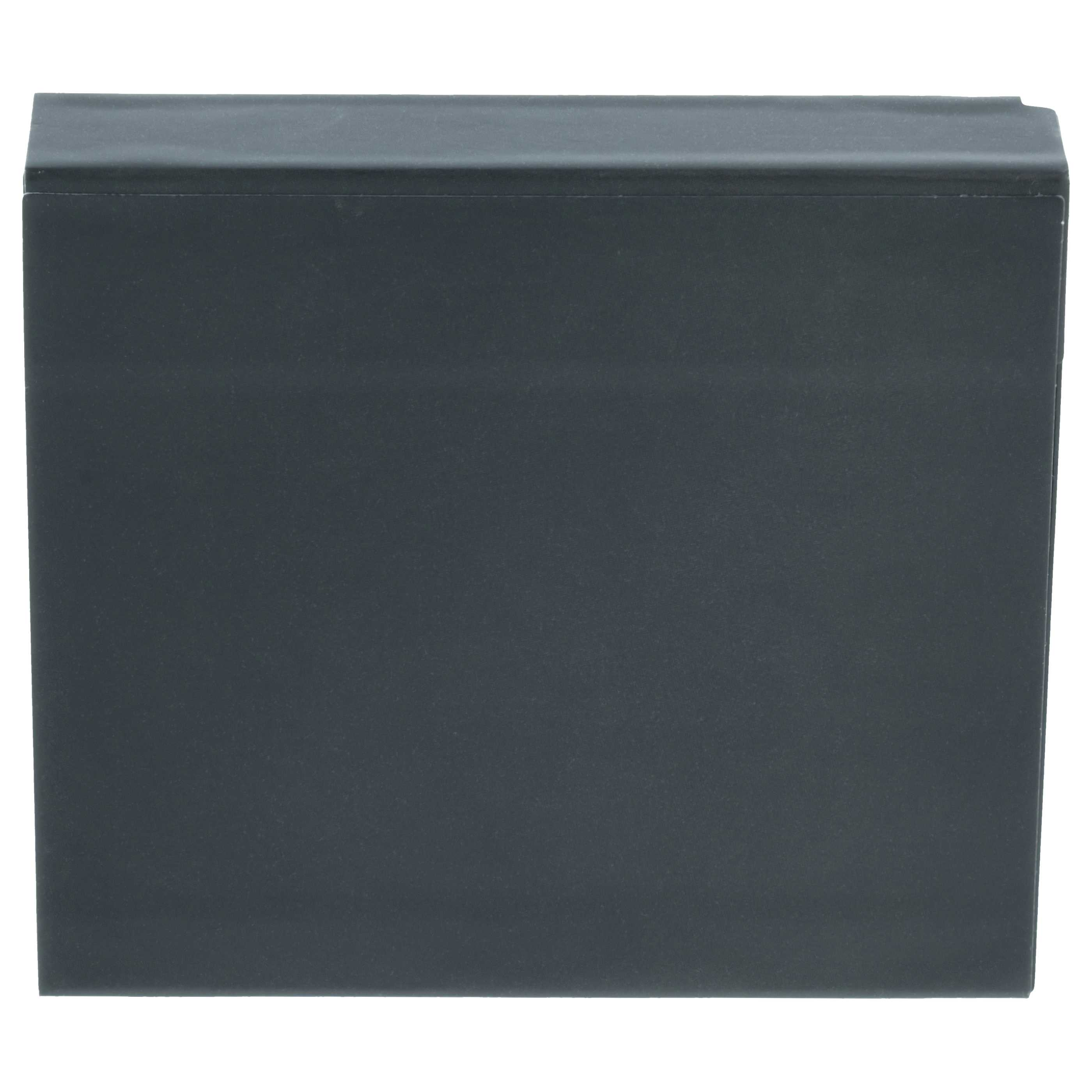 Ein dunkelgraues rechteckiges Objekt mit abgerundeten Kanten, möglicherweise eine Batterie, vor weißem Hintergrund.