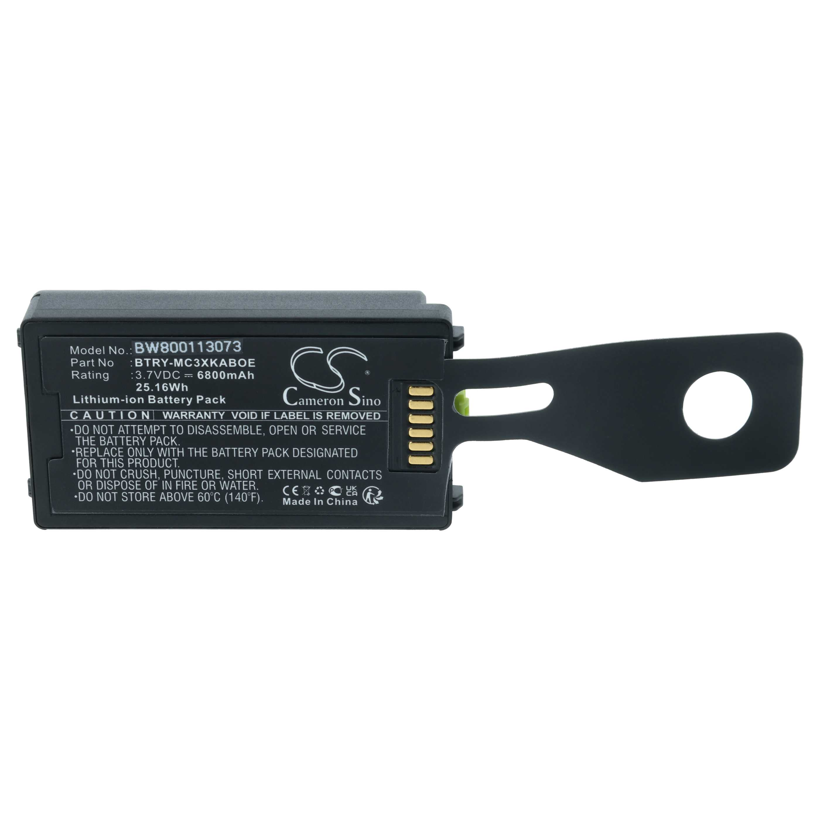 Ein schwarzer Lithium-Ionen-Akku mit Text darauf und eine schwarze Halterung mit einem Loch.