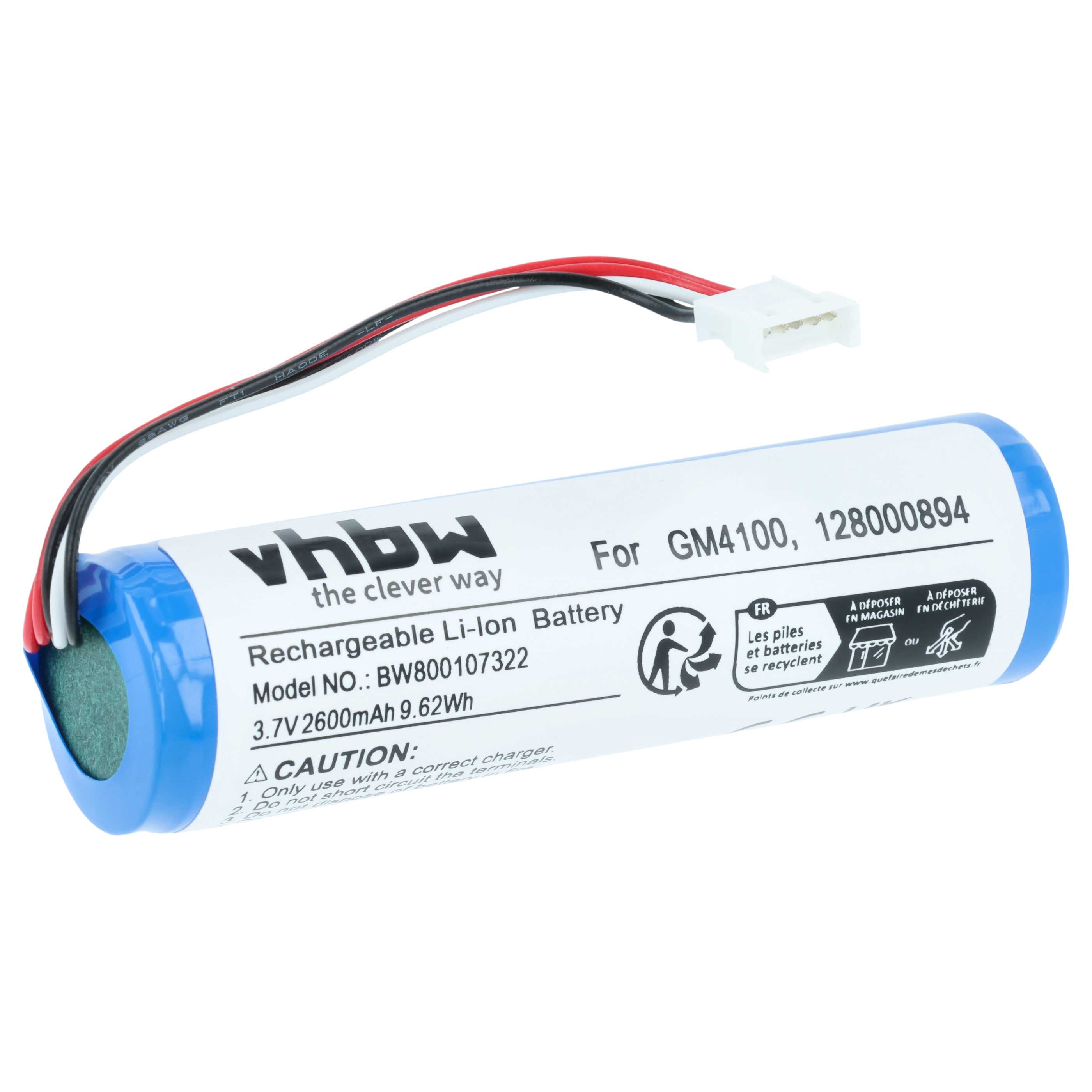 Blauer Li-Ion-Akku mit weißem Etikett und Drähten, weißer Stecker oben. Aufschrift: 'Rechargeable Li-Ion Battery'.