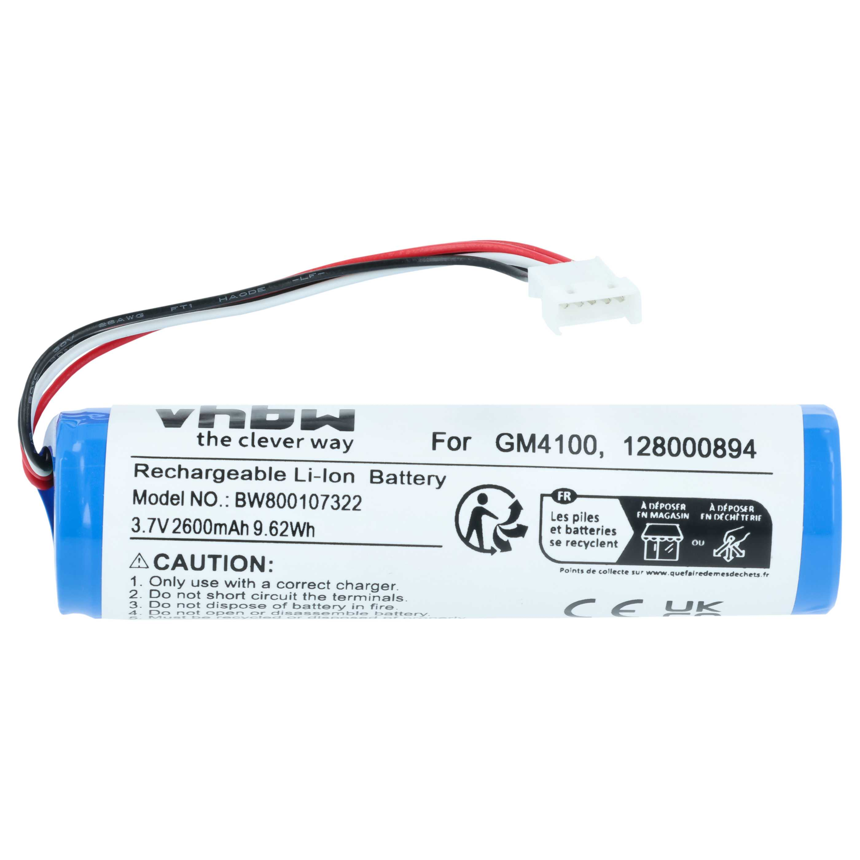 Blaue, wiederaufladbare Li-Ion-Batterie mit angeschlossenen Drähten und einem Stecker. Text enthält Warnungen und Recycling-Infos.